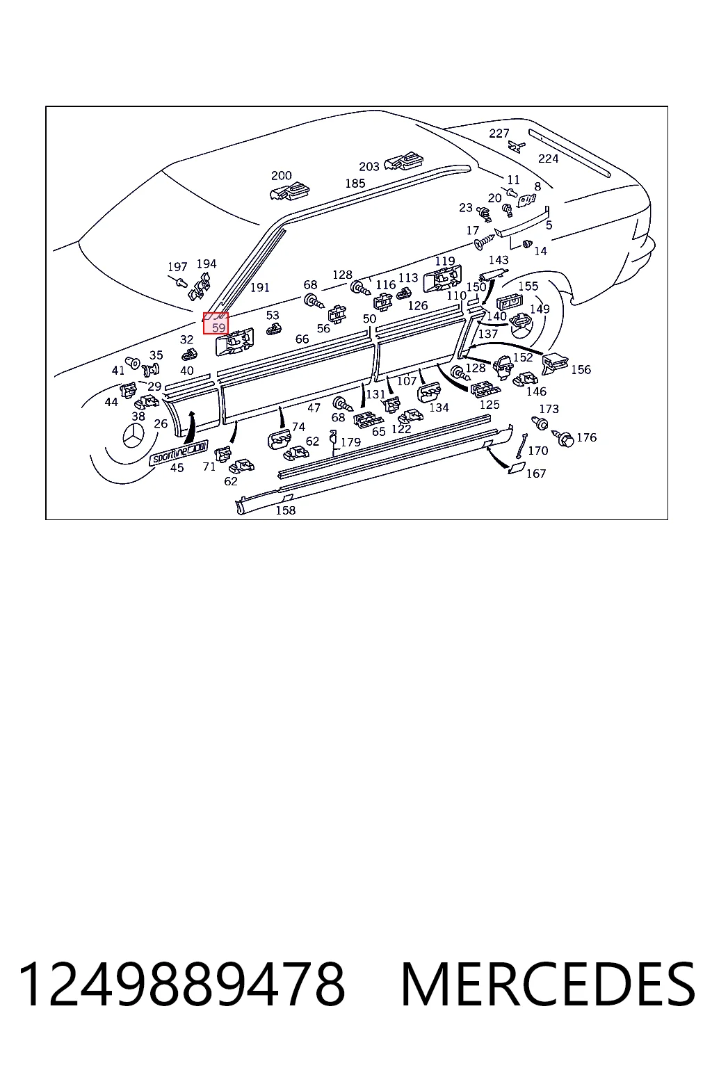 1249889478 Mercedes Clip de fijación de moldura de puerta