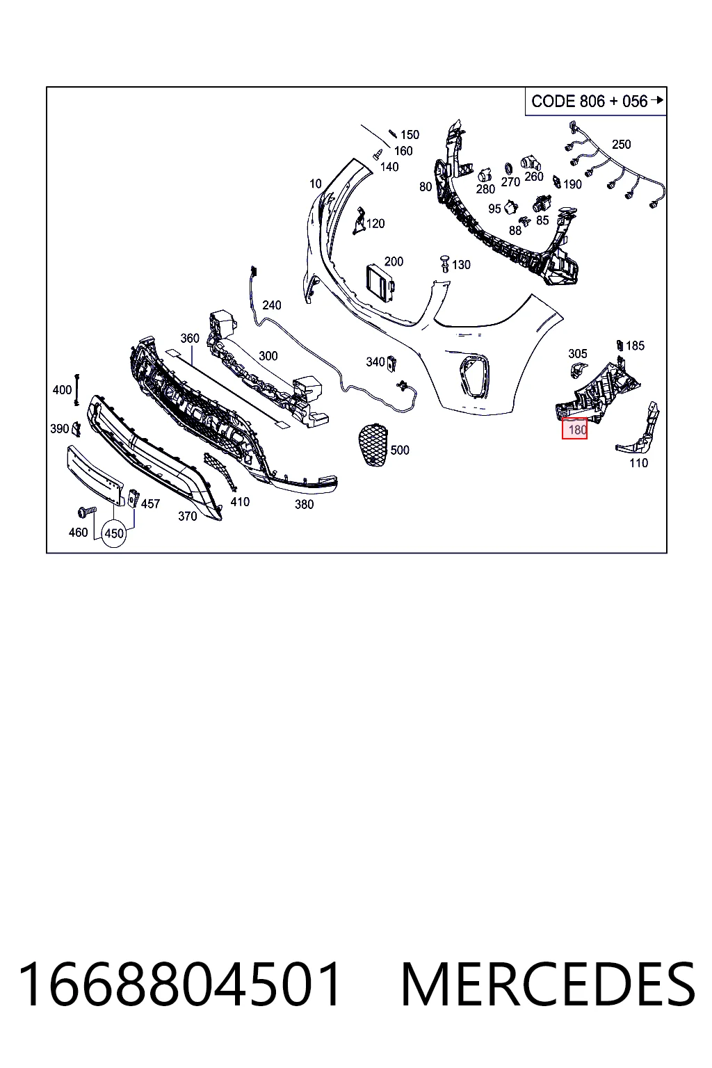 Soporte de parachoques delantero derecho 1668804501 MERCEDES