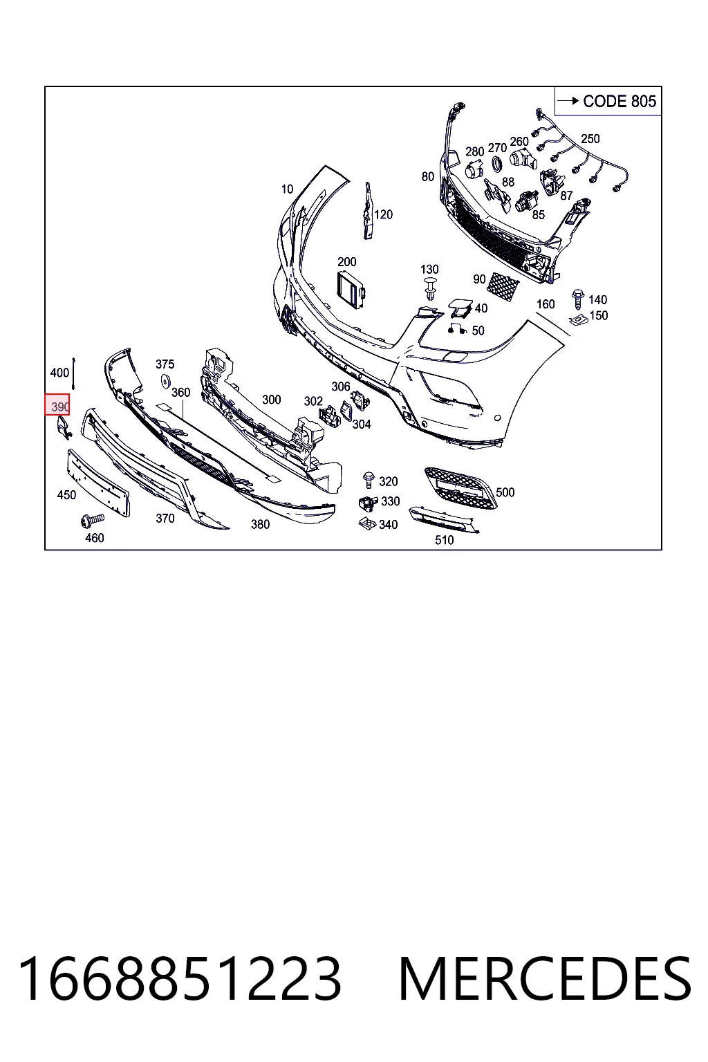 1668851223 Mercedes Cobertura de parachoques, enganche de remolque, delantera 