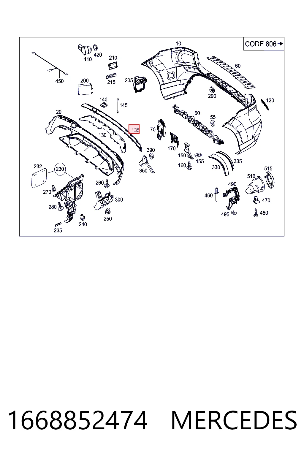 Moldura del parachoques trasero 1668852474 MERCEDES