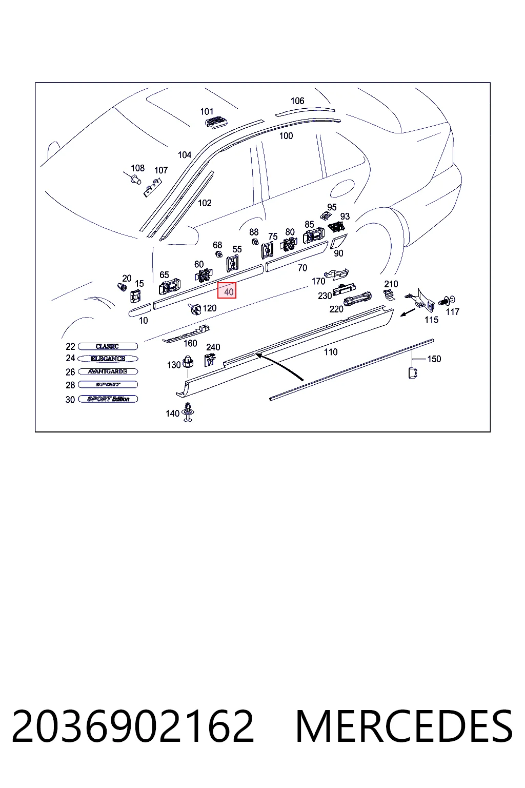 Moldura de puerta delantera izquierda 2036902162 MERCEDES