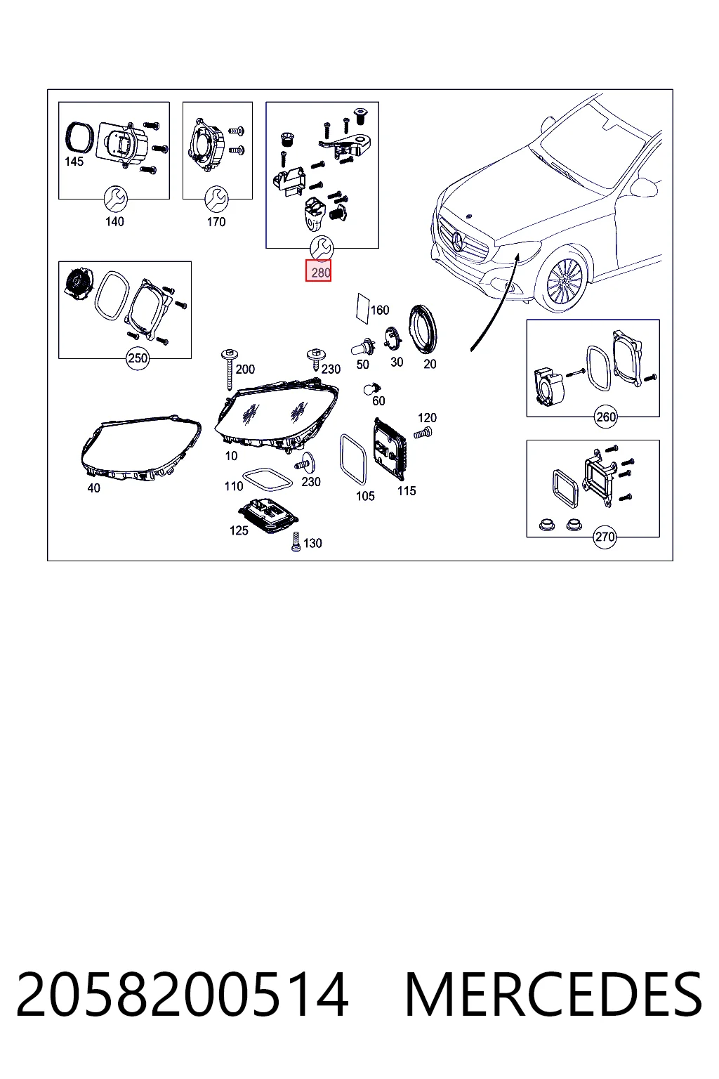 2058200514 Mercedes Adaptador para montaje de faros delantero izquierdo