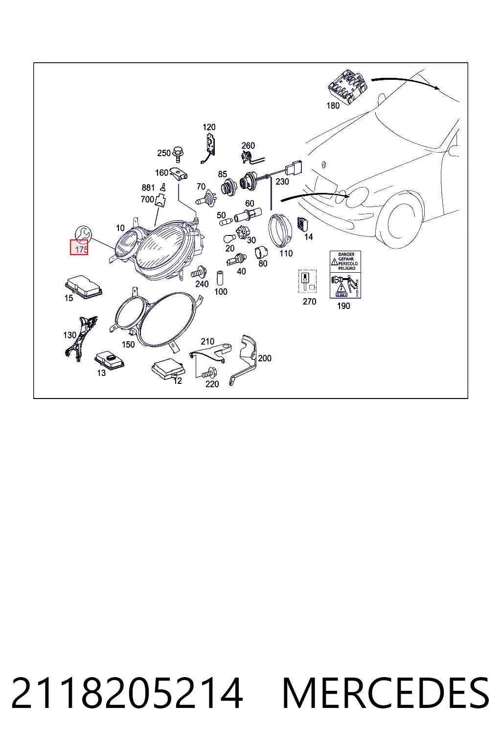 2118205214 Mercedes Soporte de fijación del faro delantero derecho