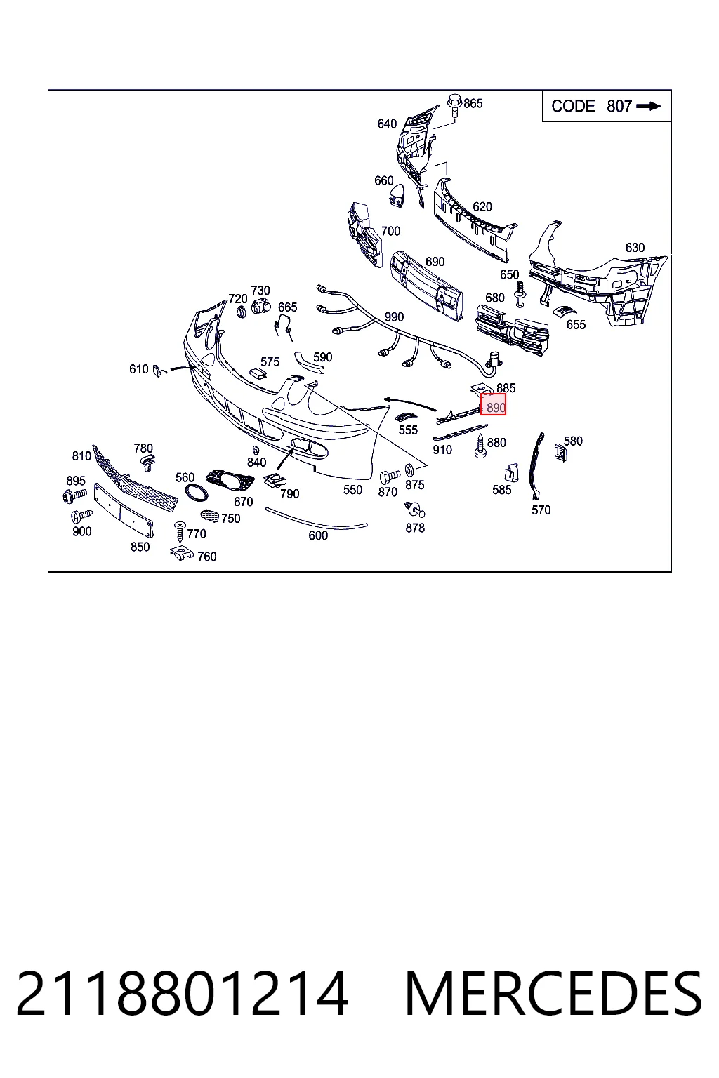 2118801214 Mercedes Soporte exterior derecho del parachoques delantero