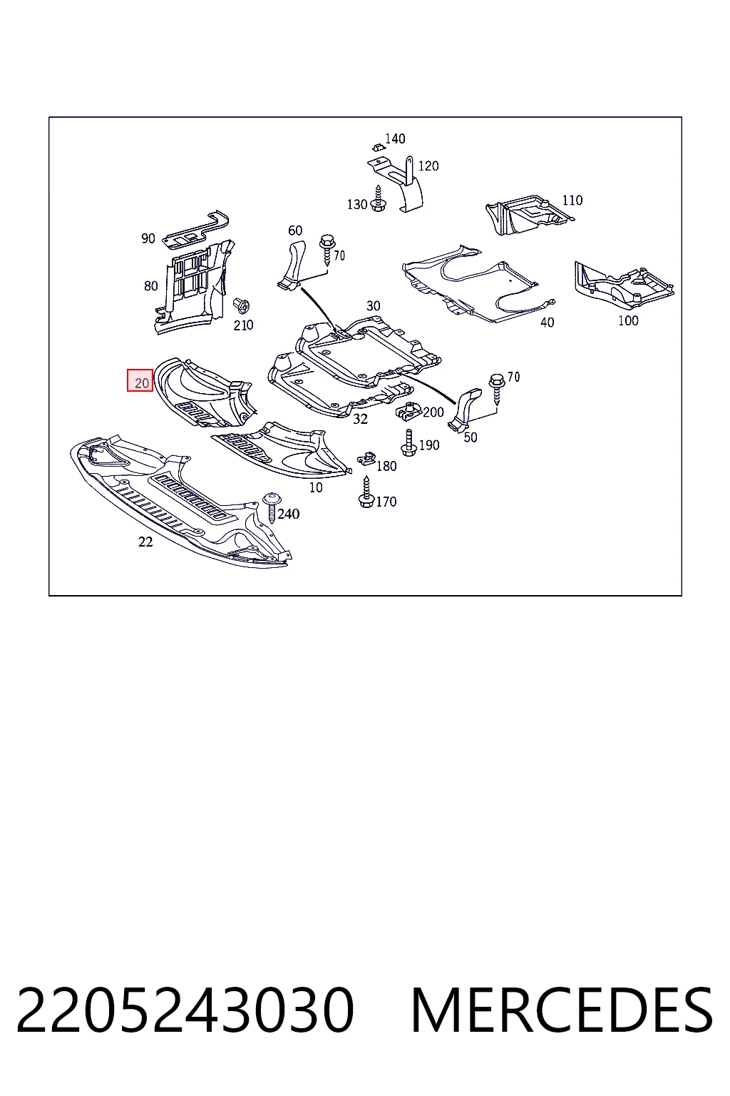 Protector derecho del parachoques delantero 2205243030 MERCEDES