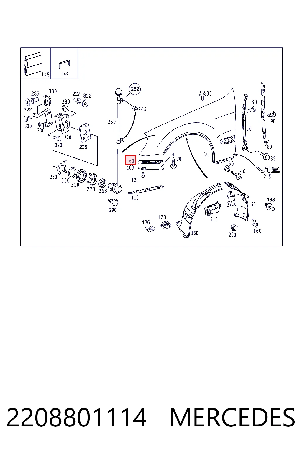 Soporte delantero izquierdo para aleta delantera 2208801114 MERCEDES