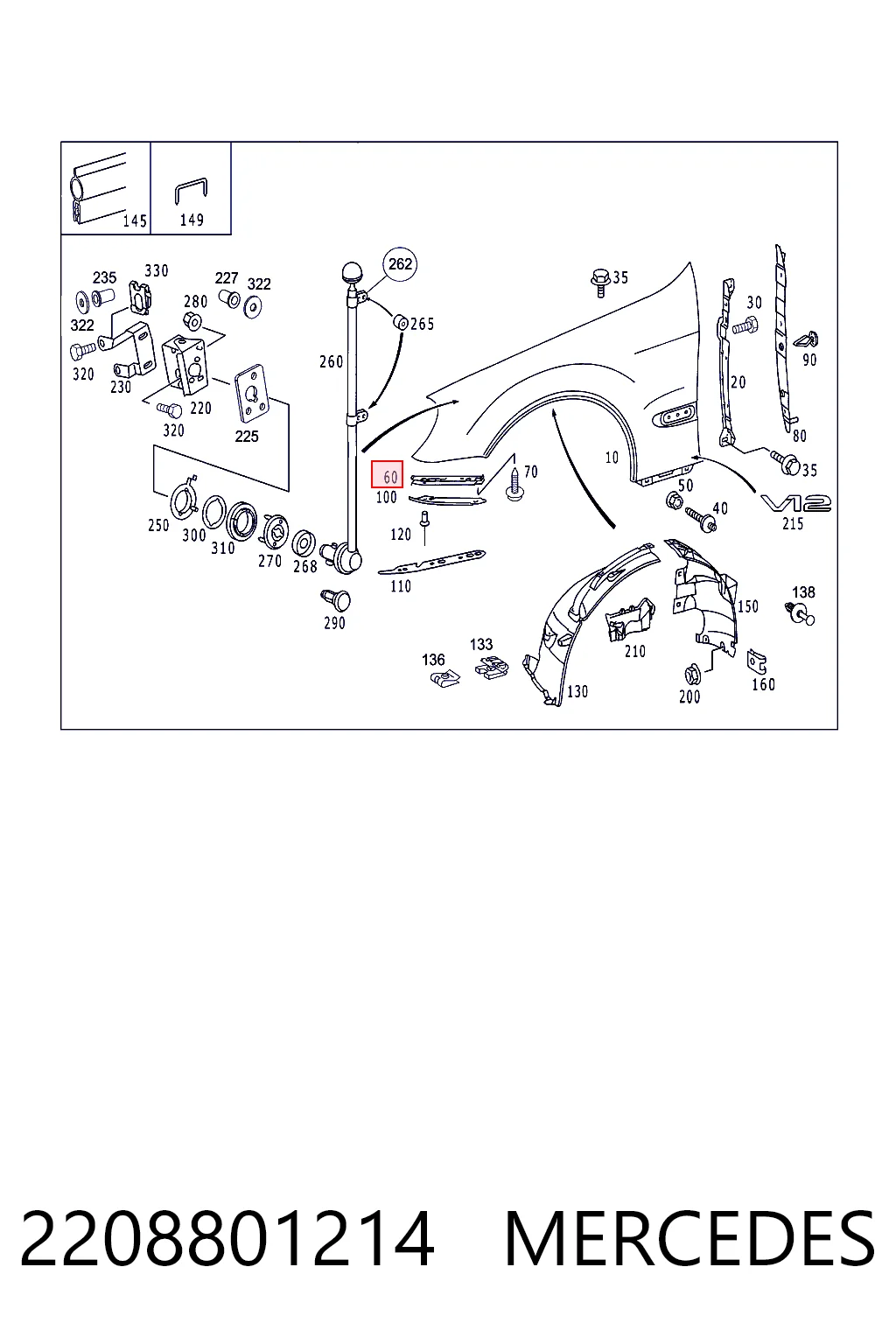 2208801214 Mercedes Soporte delantero de guardabarros delantero derecho