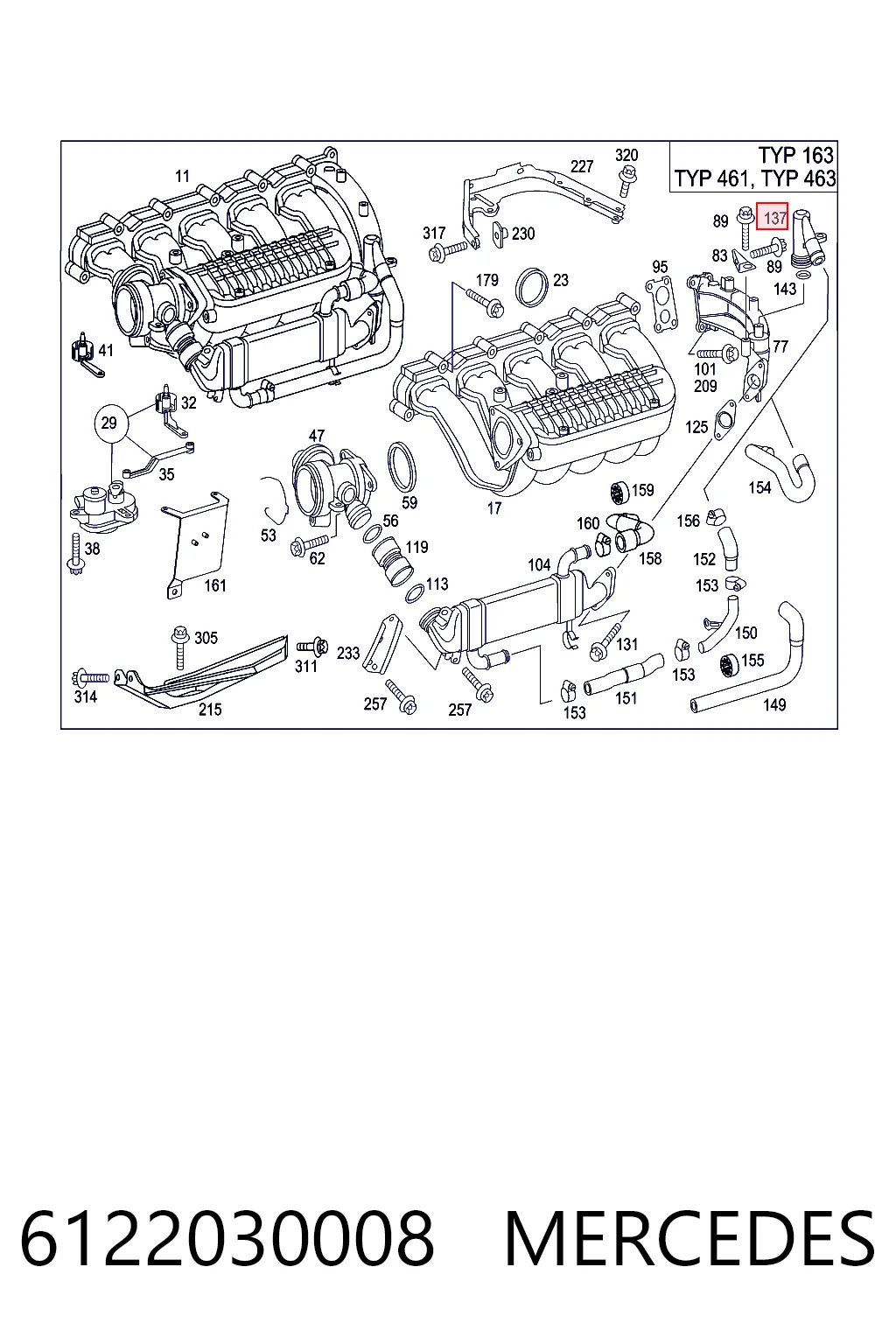 6122030008 Mercedes Brida del sistema de refrigeración (triple unión)