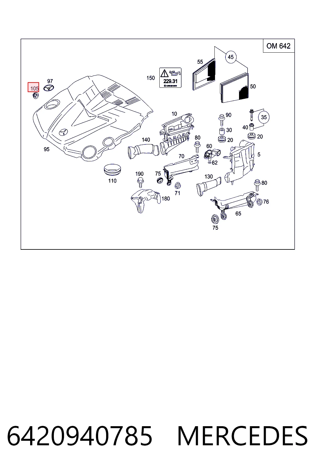 6420940785 Mercedes Cojín de la tapa decorativa del motor