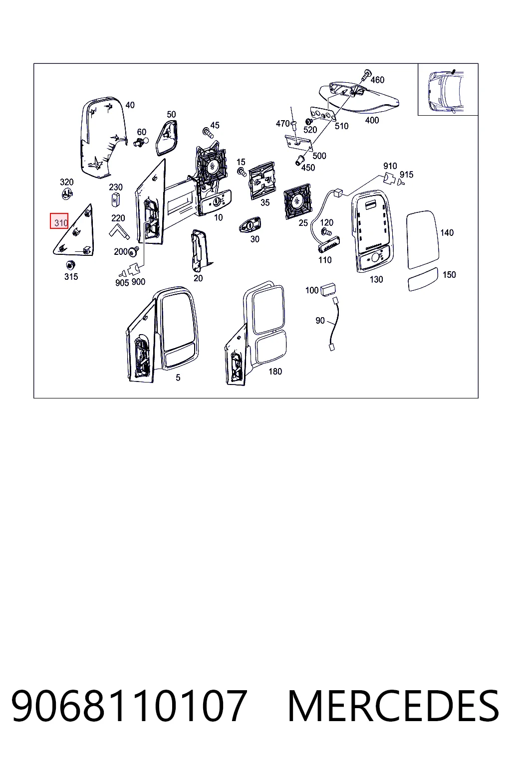 9068110107 Mercedes Soporte del espejo retrovisor derecho