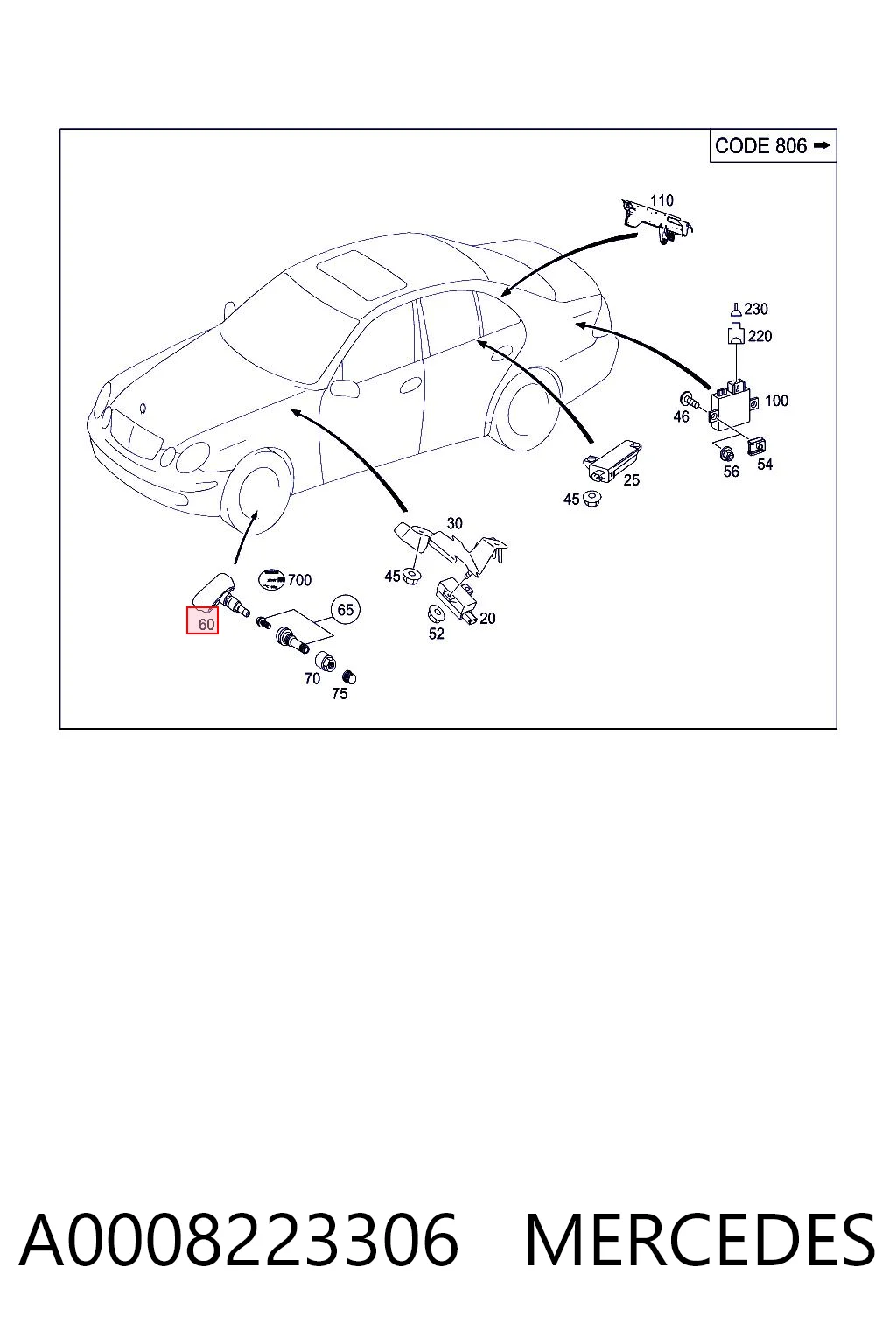 A0008223306 Mercedes Sensor de presión de neumáticos (TPMS)
