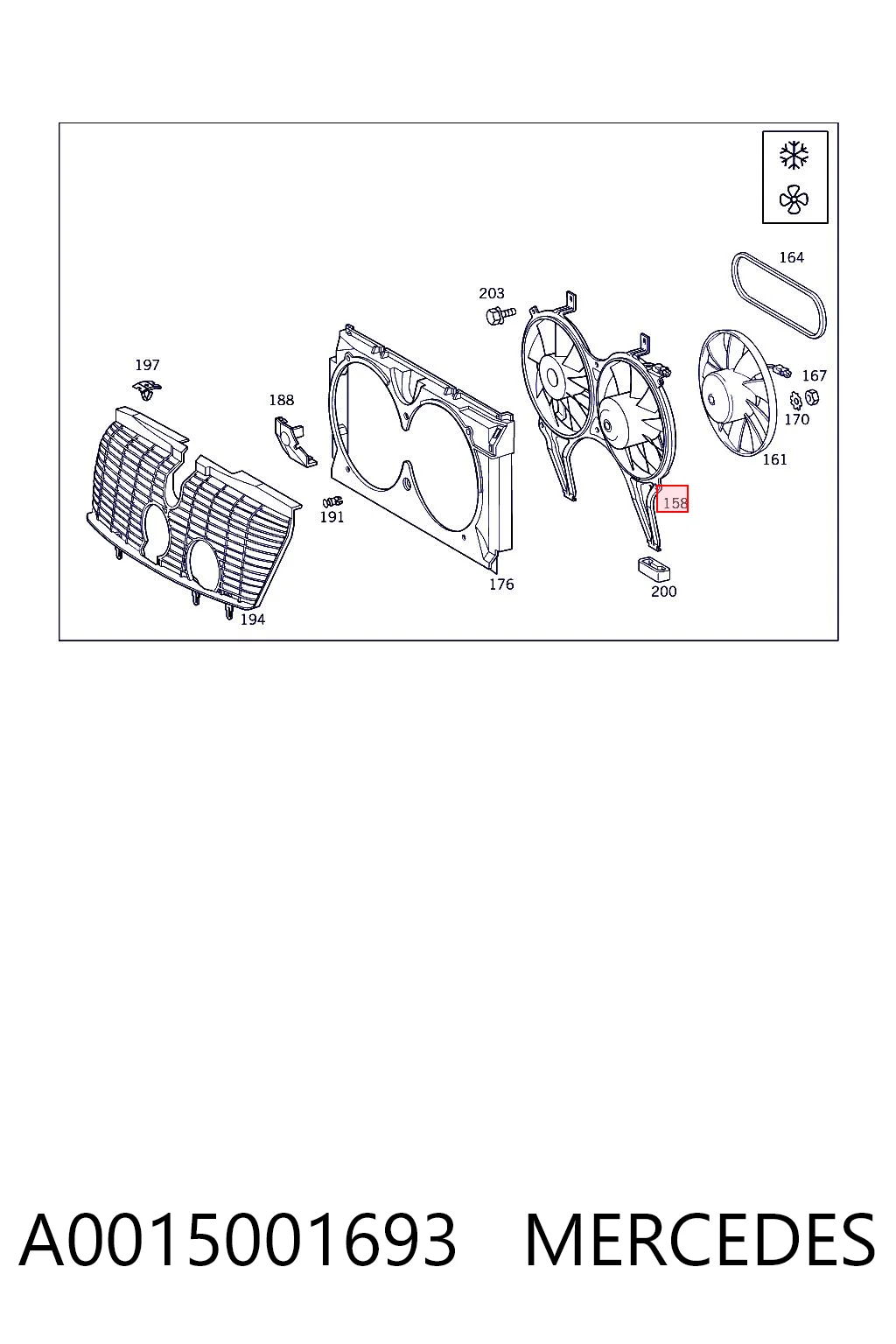 A0015001693 Mercedes Difusor del radiador del aire acondicionado con ventilador y motor