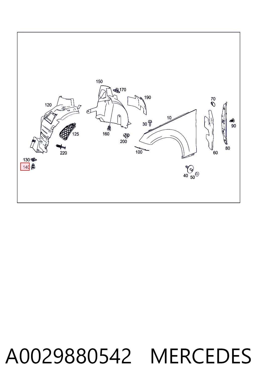 A0029880542 Mercedes Clip de fijación del guardabarros delantero