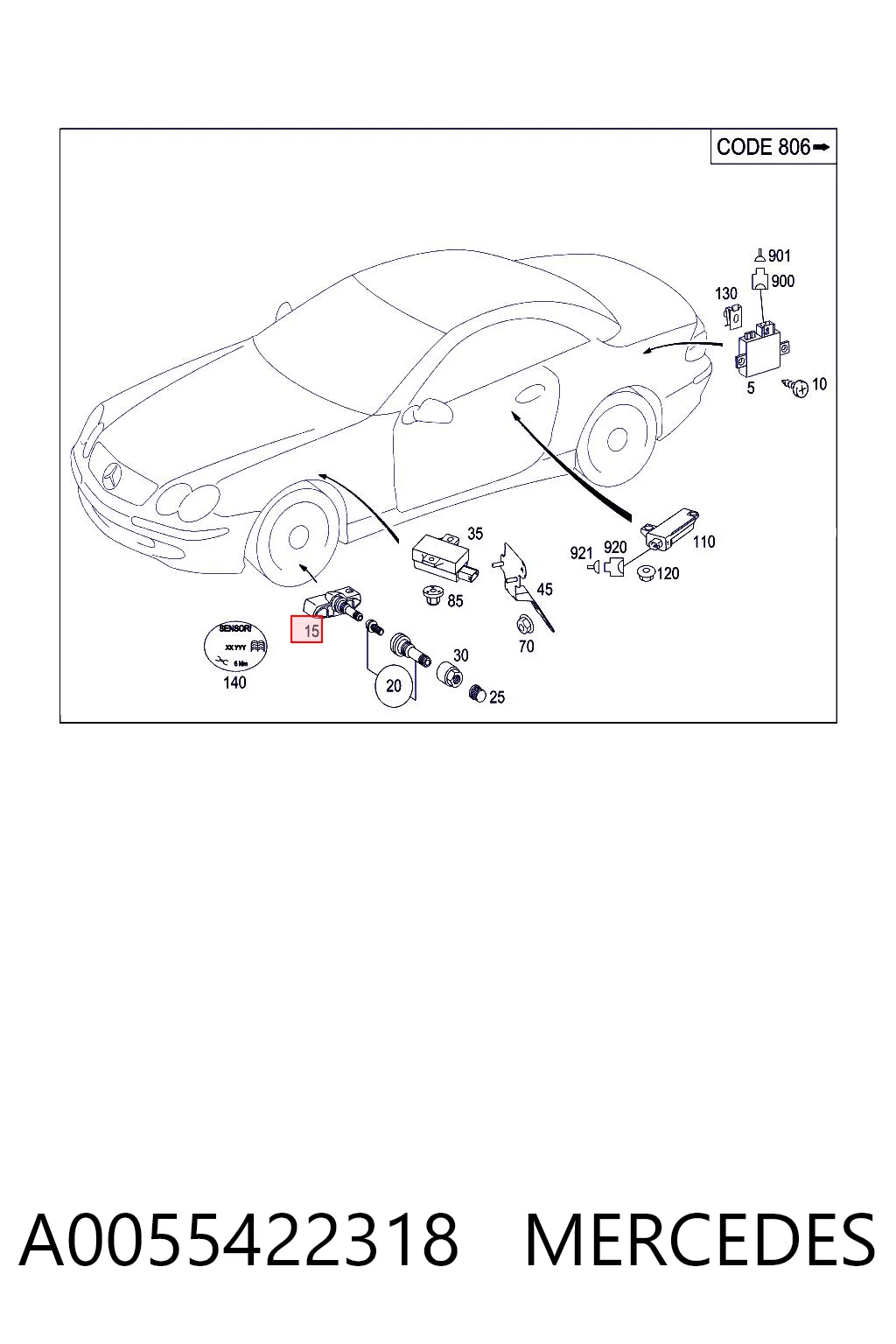 A0055422318 Mercedes Sensor de presión de neumáticos (TPMS)