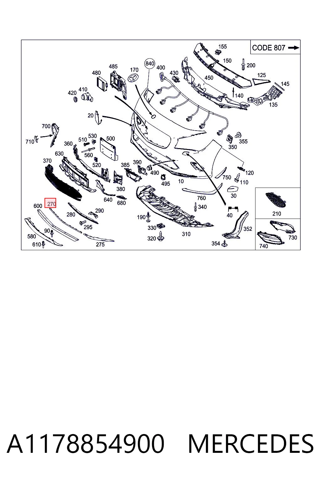 A1178854900 Mercedes Moldura del parachoques delantero derecho
