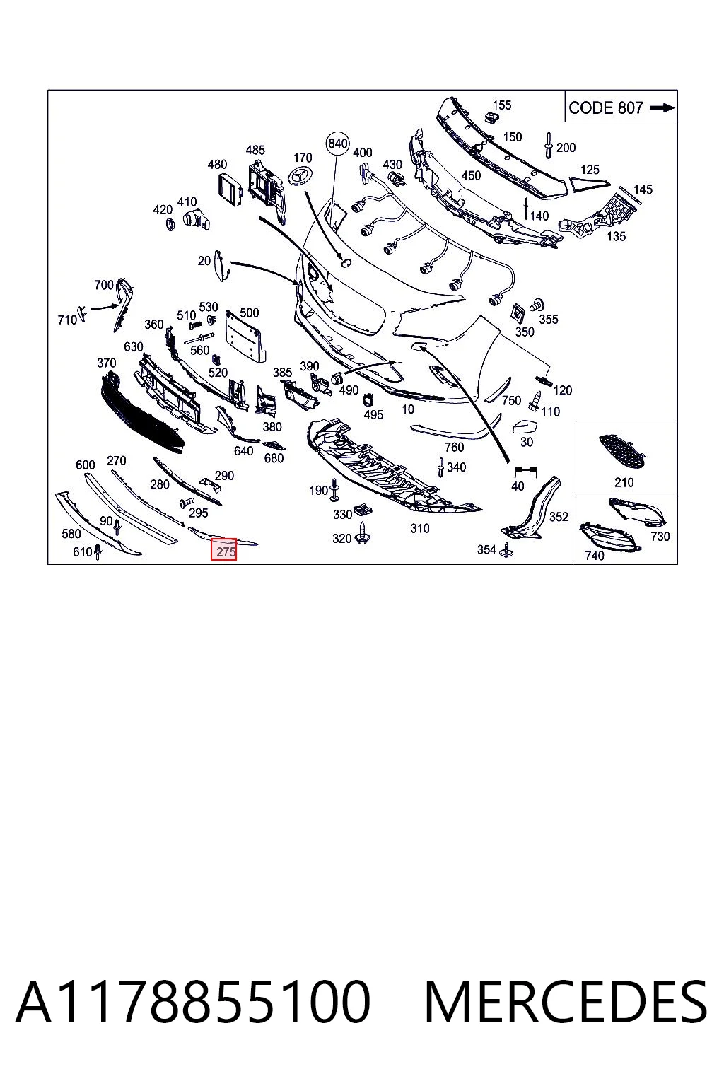 A1178855100 Mercedes Moldura del parachoques delantero derecho