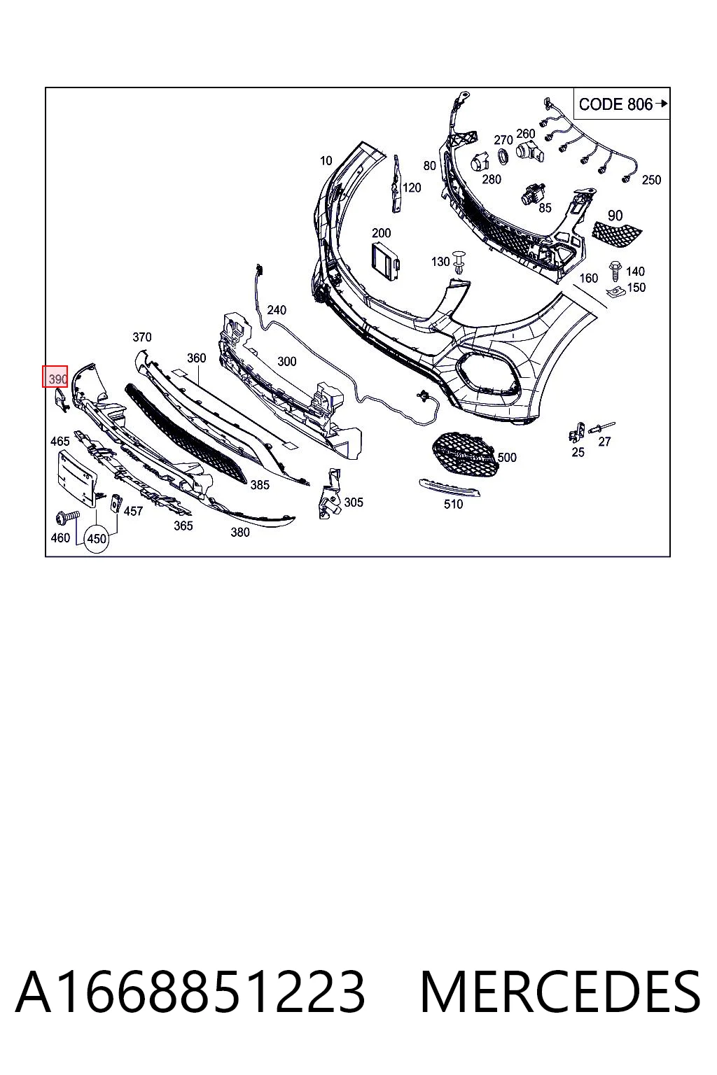A1668851223 Mercedes Cobertura de parachoques, enganche de remolque, delantera 