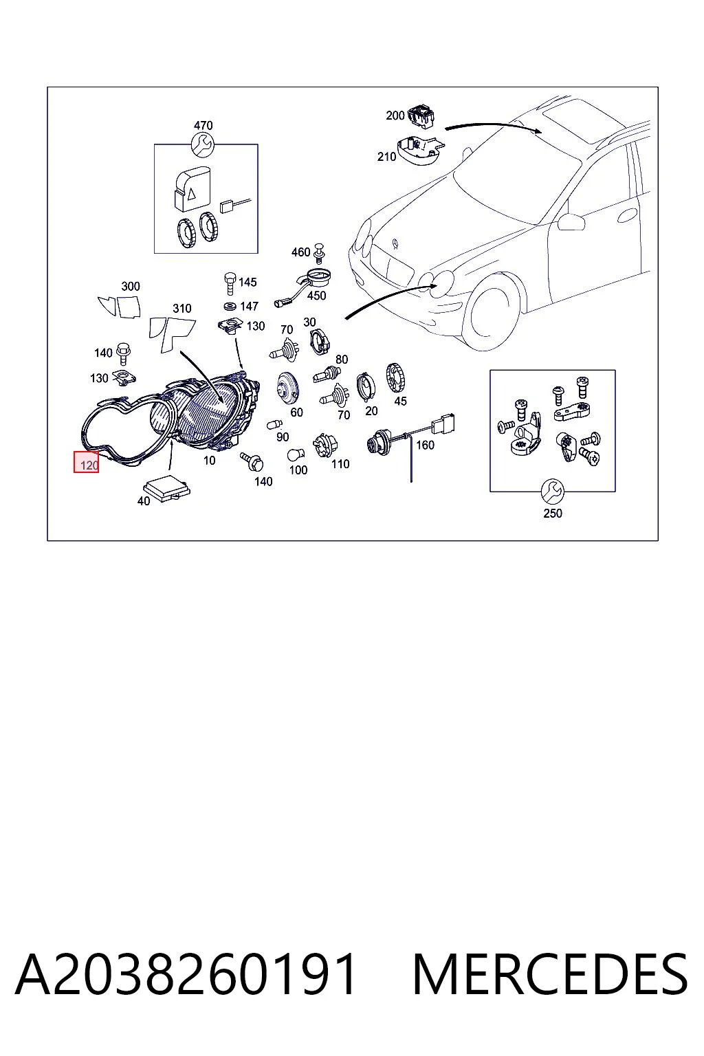 A2038260191 Mercedes Sellador de faro izquierdo