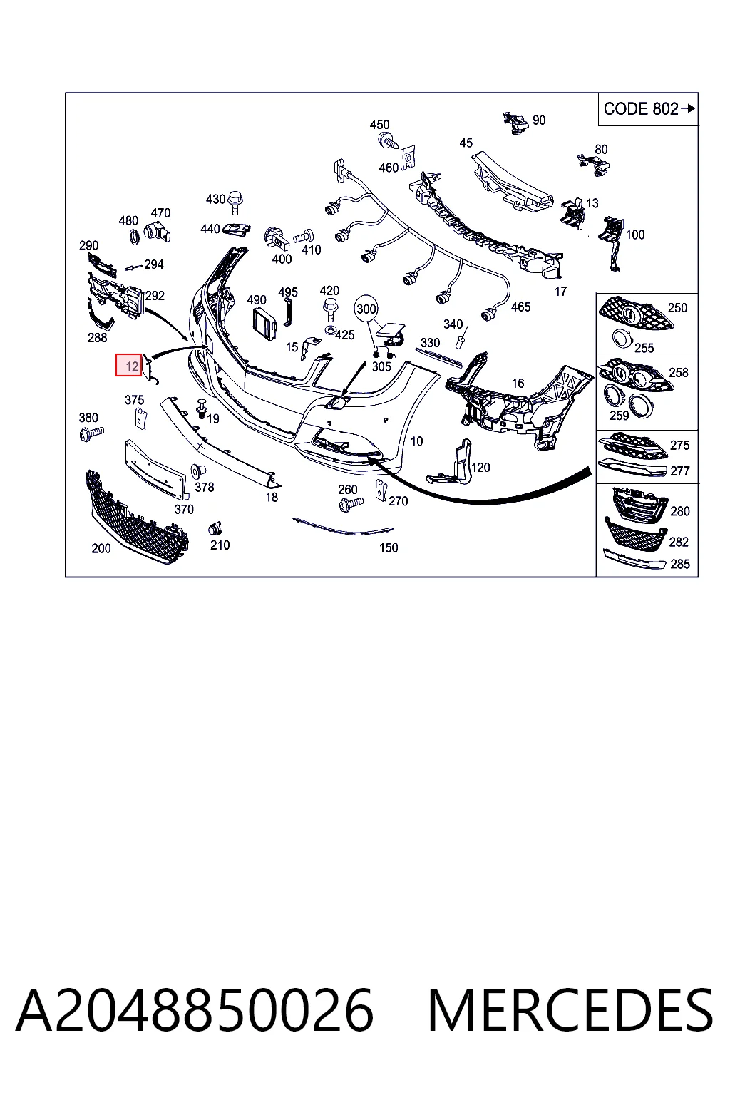 Cobertura de parachoques, enganche de remolque, delantera  para Mercedes C  W204