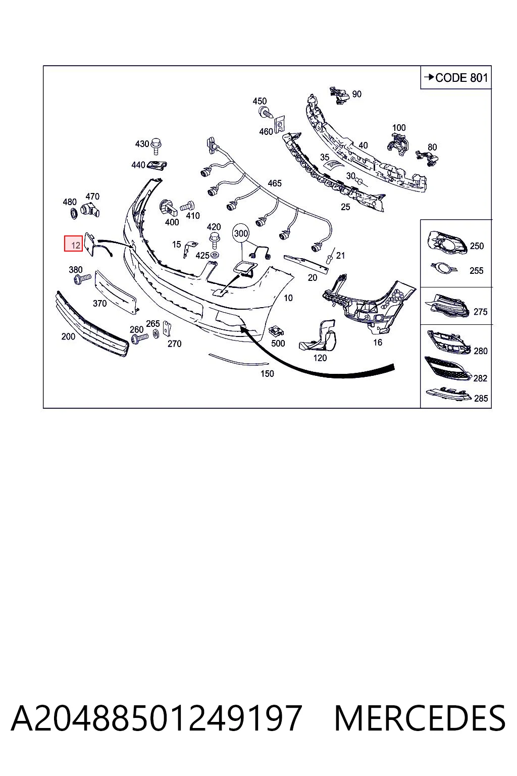 Cobertura de parachoques, enganche de remolque, delantera  para Mercedes C  W204