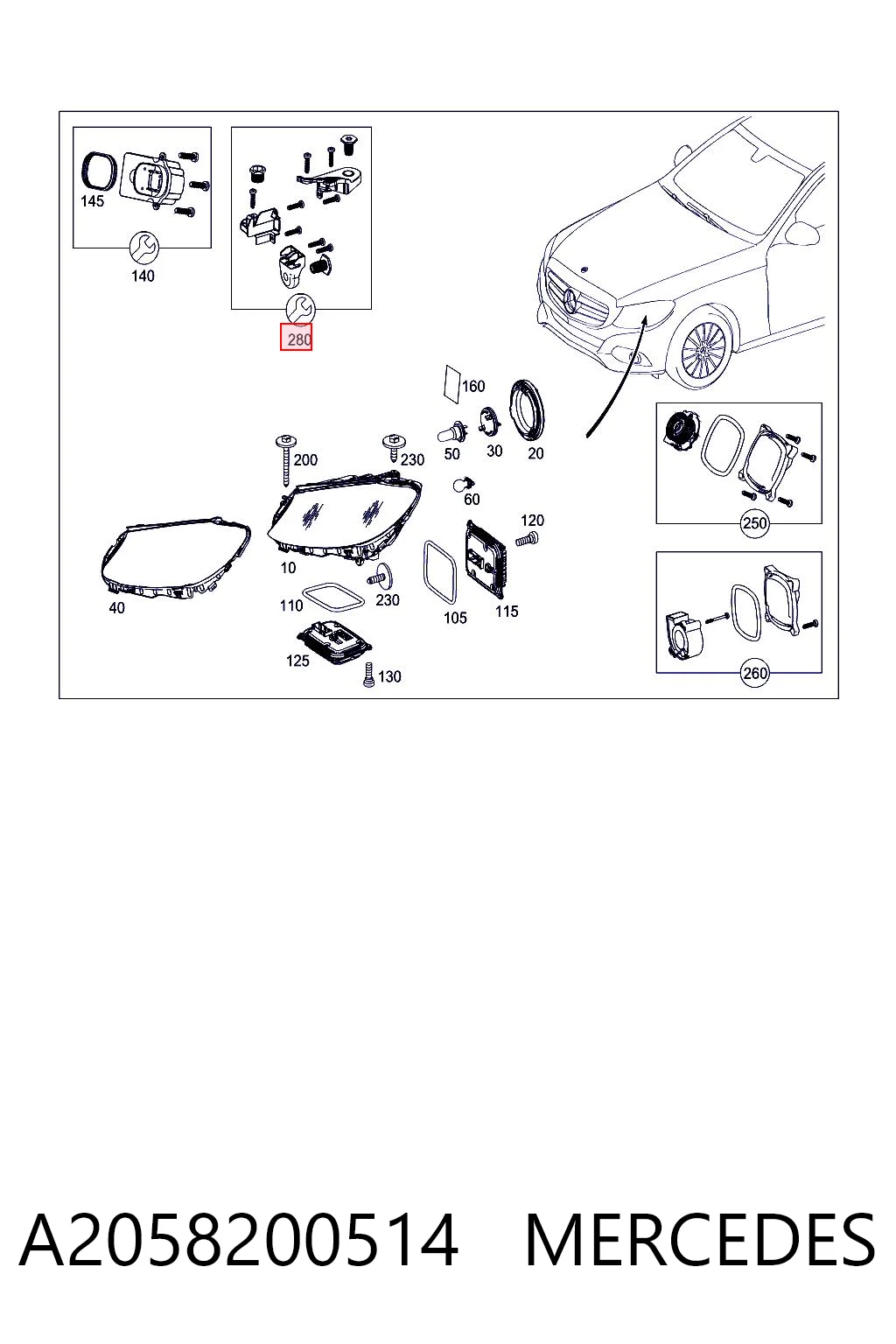 A2058200514 Mercedes Soporte de montaje de faros delantero izquierdo