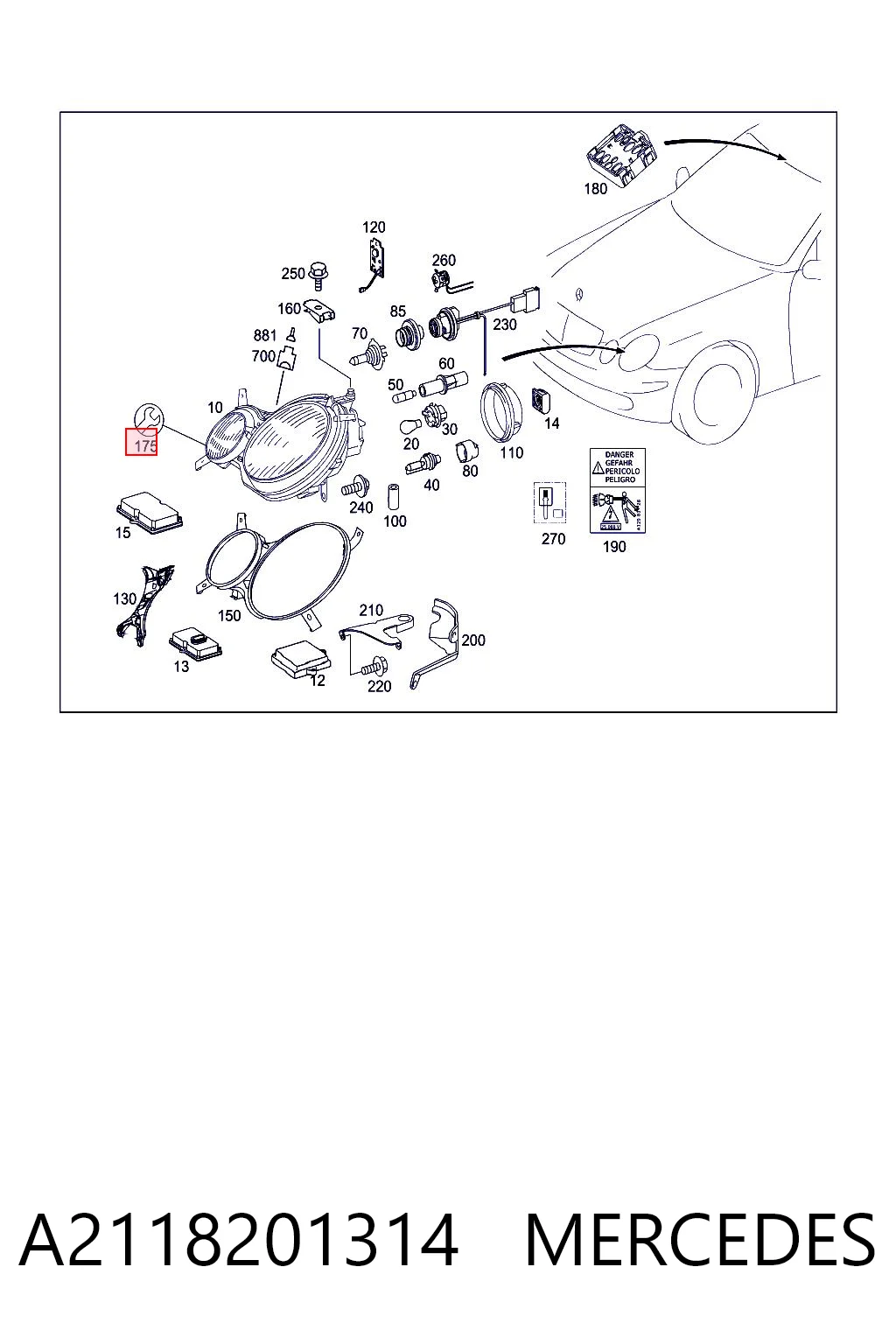 A2118201314 Mercedes Adaptador para montaje de faros delantero izquierdo