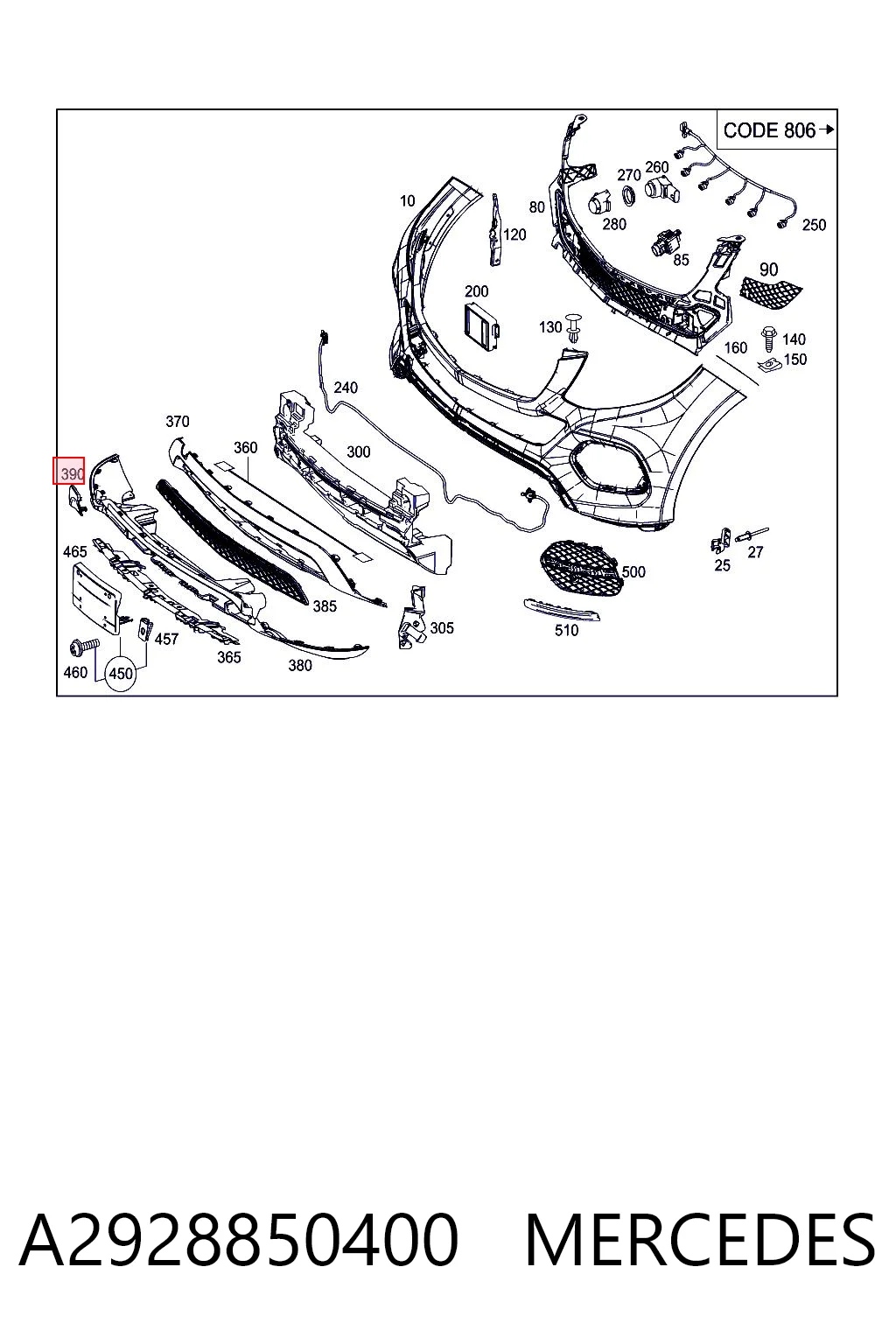 A2928850400 Mercedes Moldura derecha del parachoques delantero