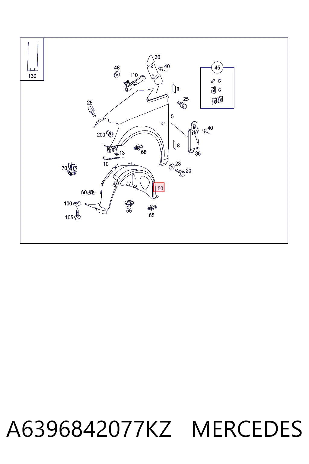 Guardalodos interior izquierdo, guardafango delantero A6396842077KZ MERCEDES