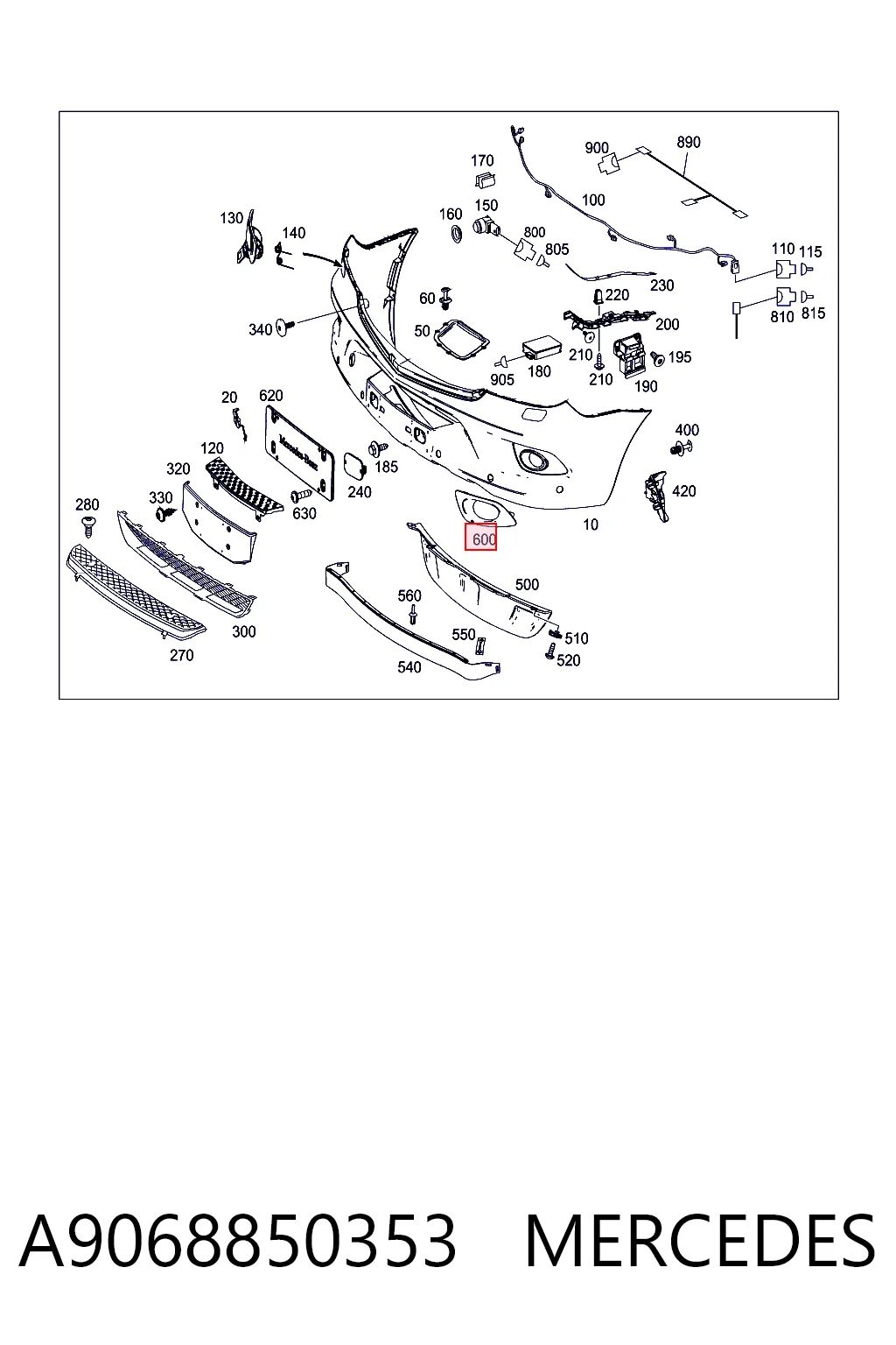 A9068850353 Mercedes Tapa de rejilla de faro antiniebla delantero derecho