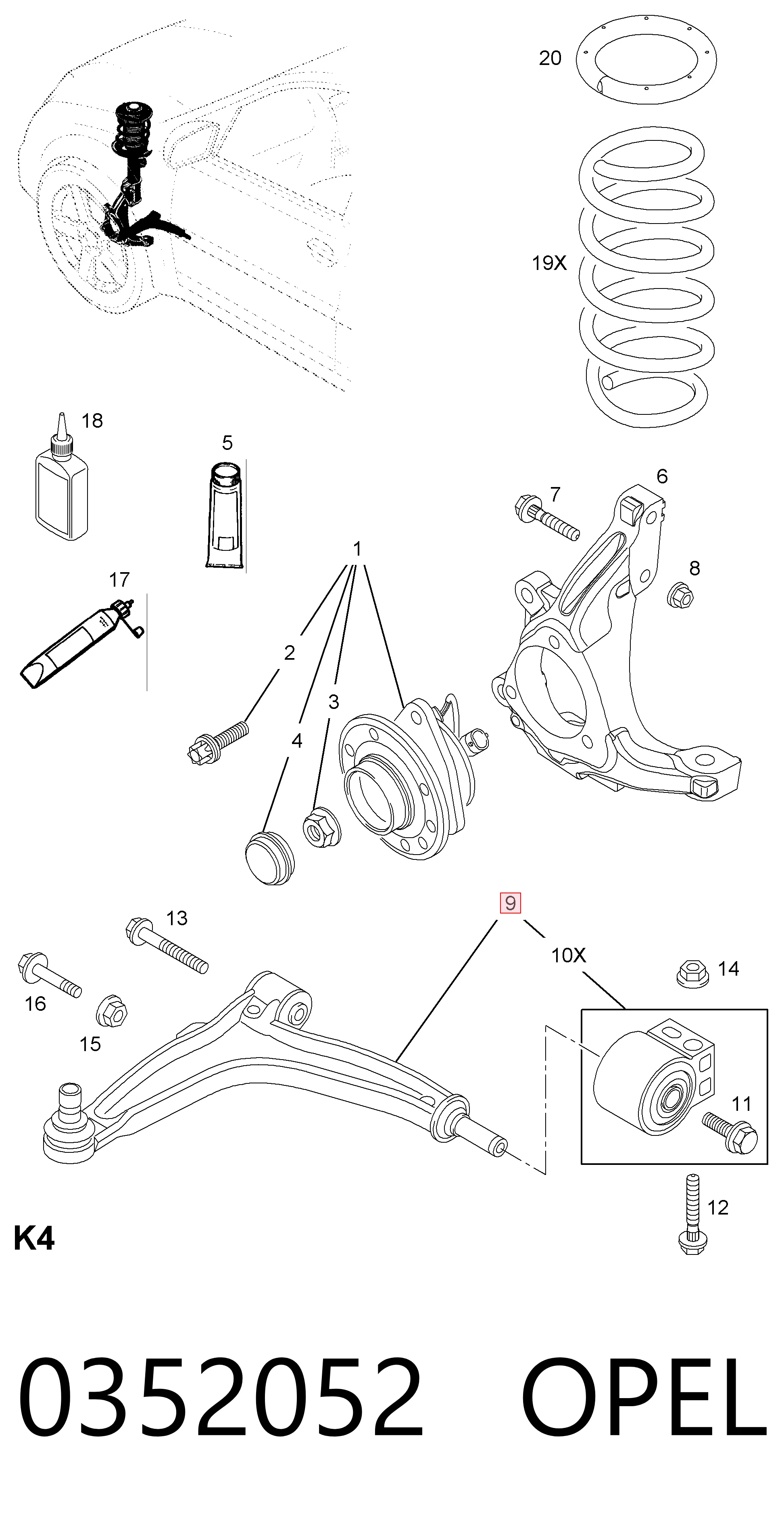 Brazo inferior derecho de la suspensión delantera 0352052 OPEL
