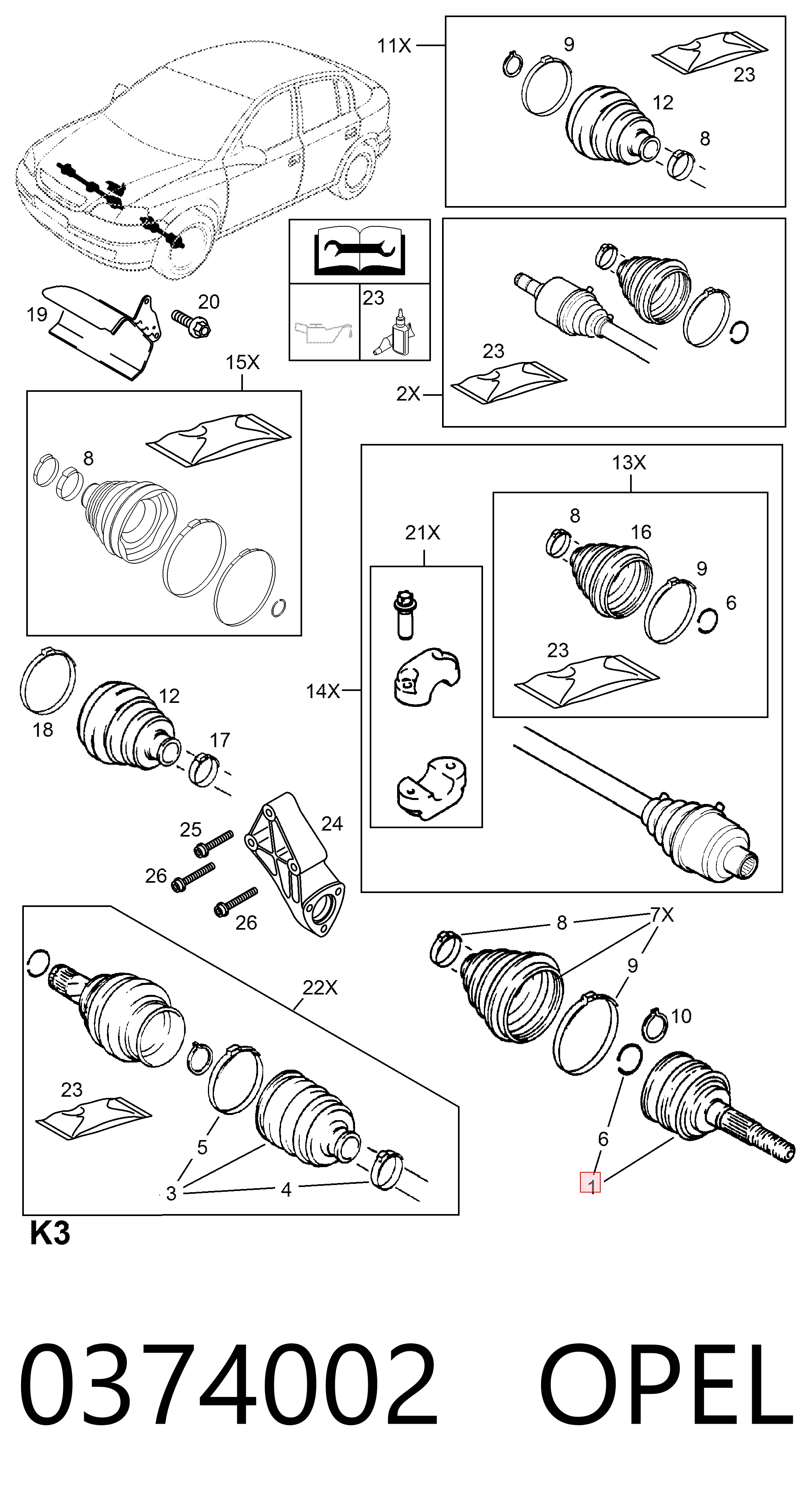 Junta homocinética exterior delantera 0374002 OPEL