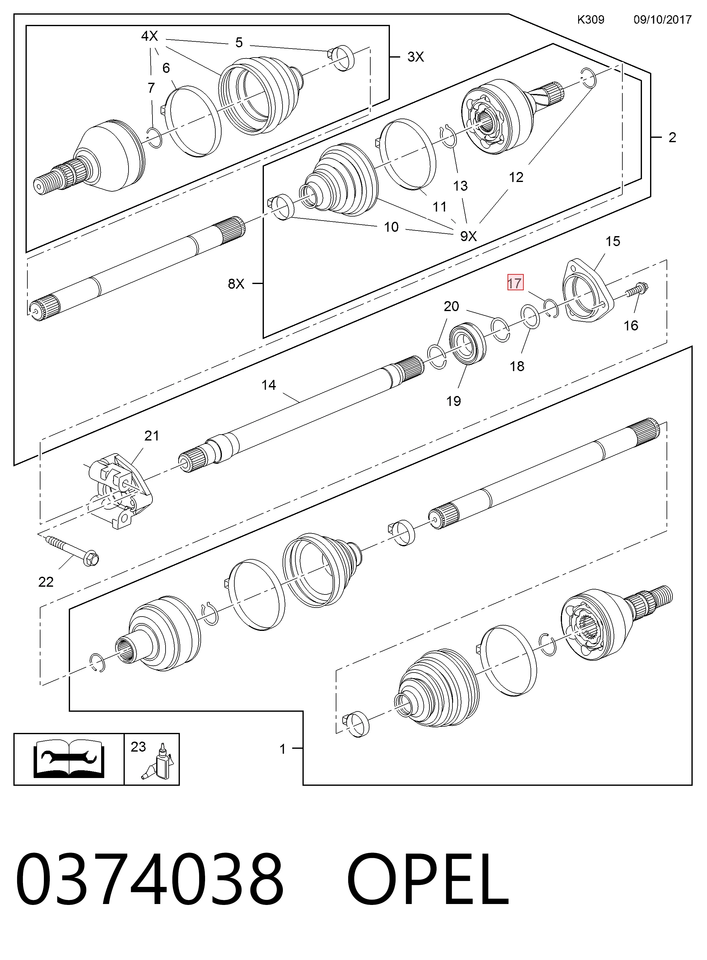 Semieje delantero derecho 0374038 OPEL