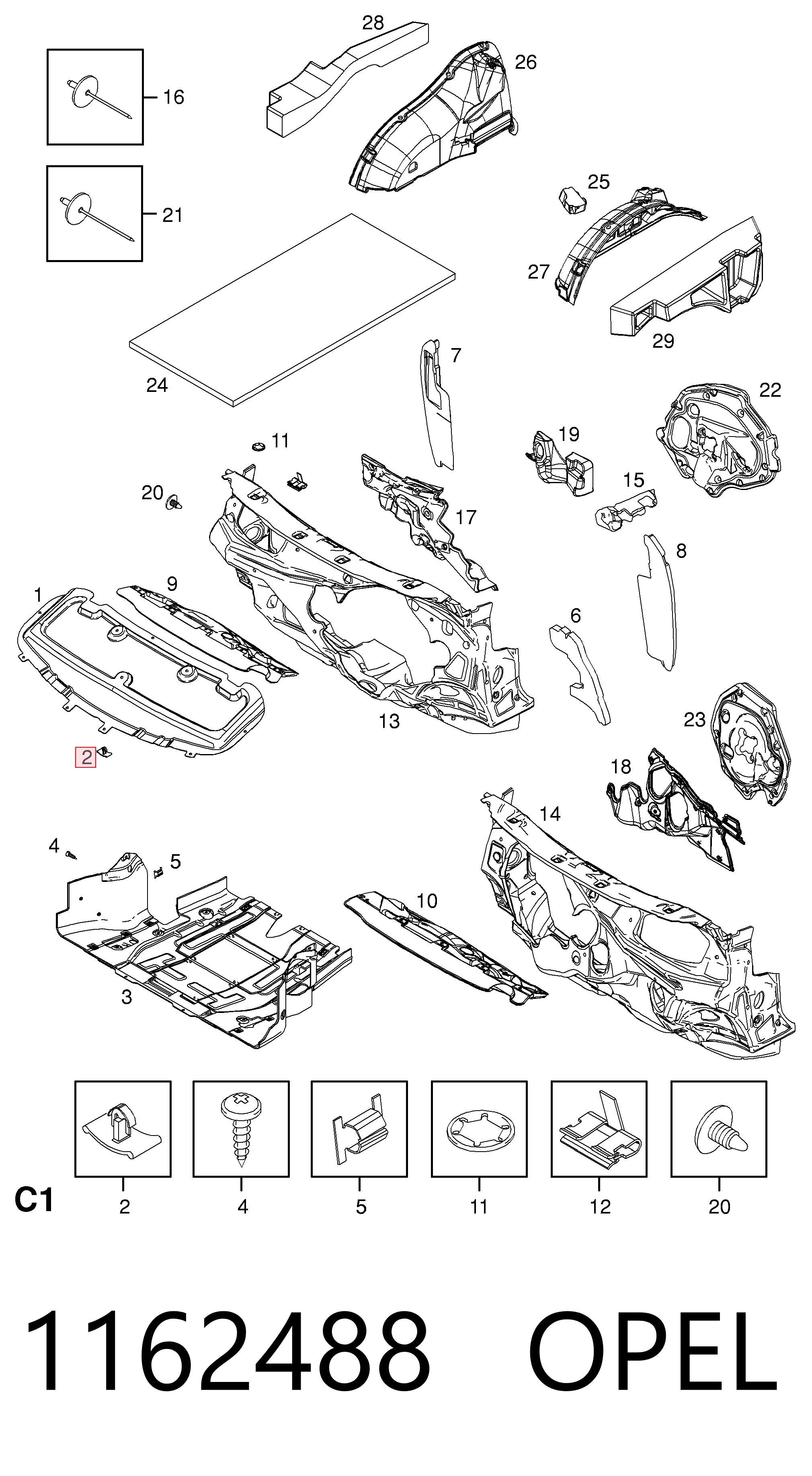 1162488 Opel Clip del aislante del capó