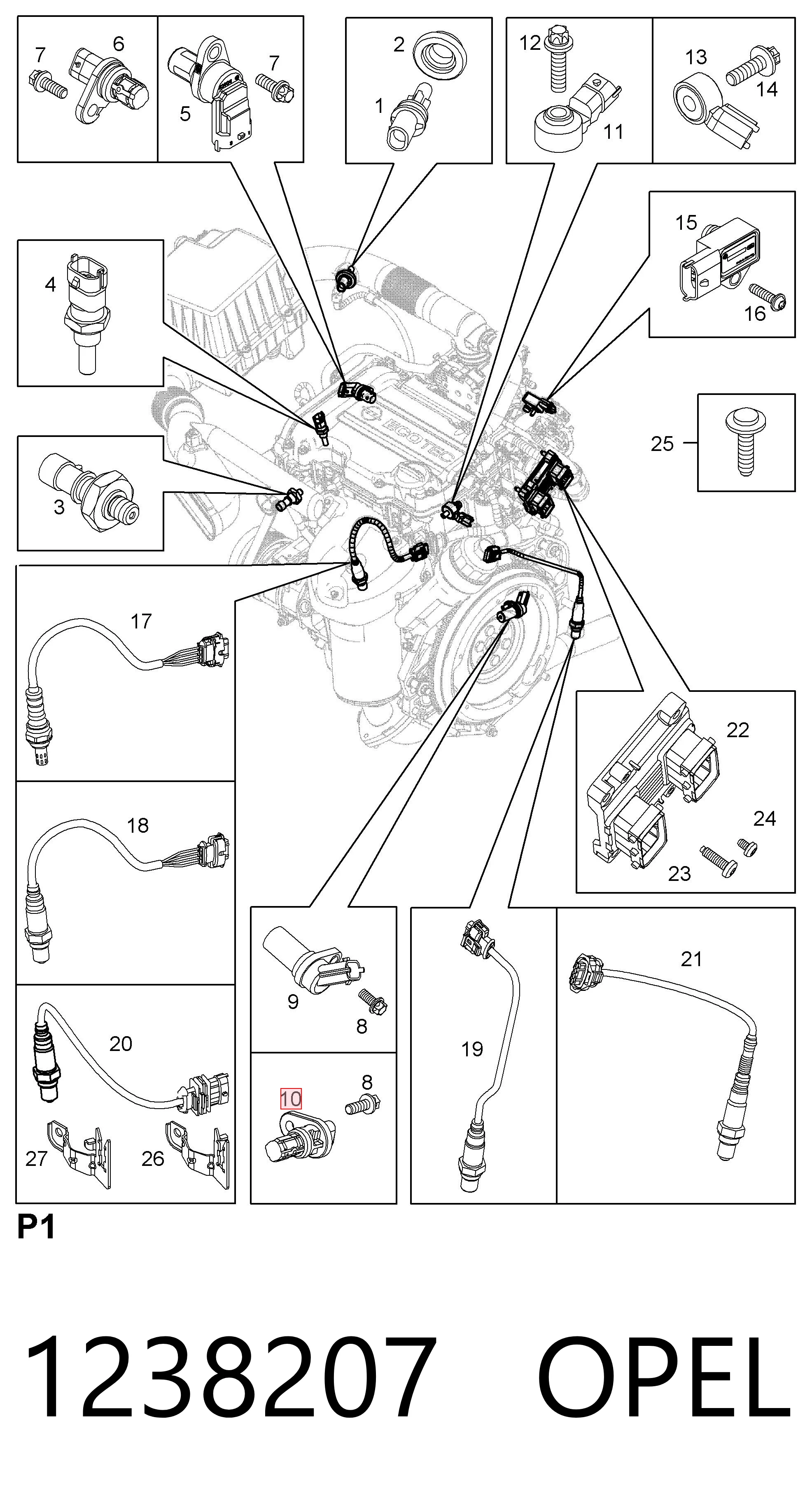 1238207 Opel Sensor de posición del cigüeñal