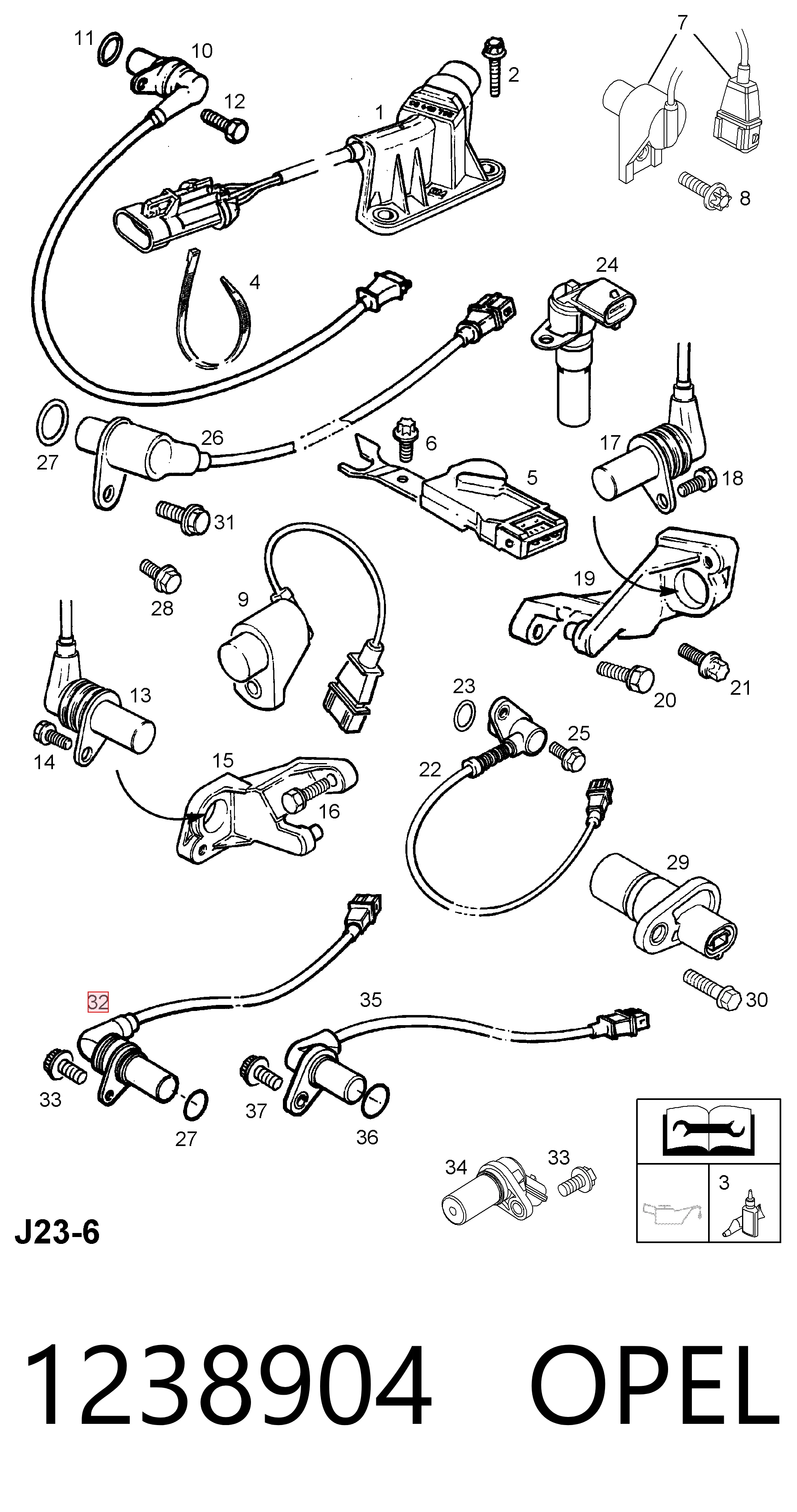 Sensor de posición del cigüeñal 1238904 OPEL