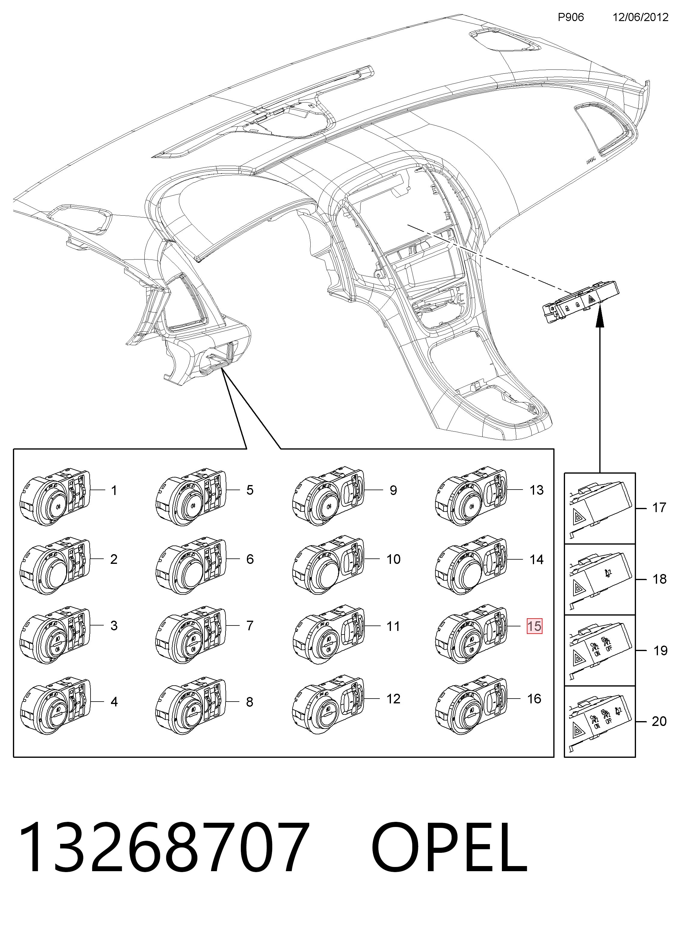 13268707 Opel Interruptor de luces en el tablero