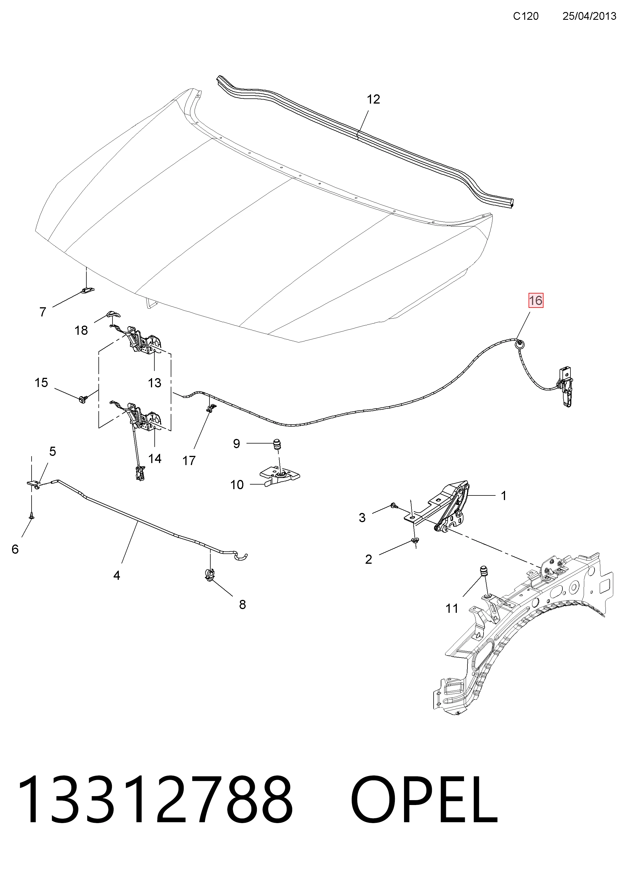 13312788 Opel Cable de capó del motor