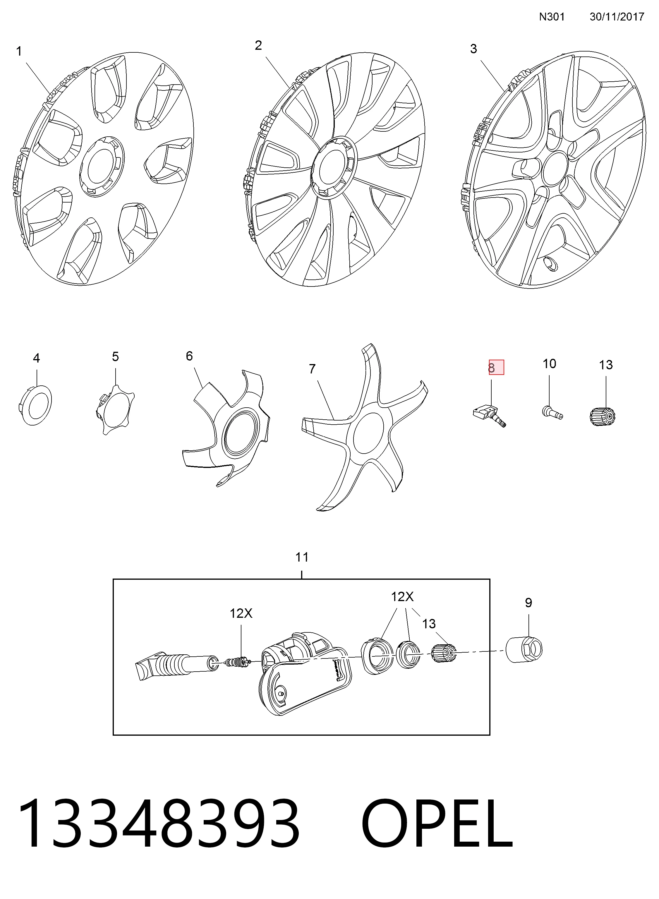 13348393 Opel Sensor de presión de neumáticos (TPMS)