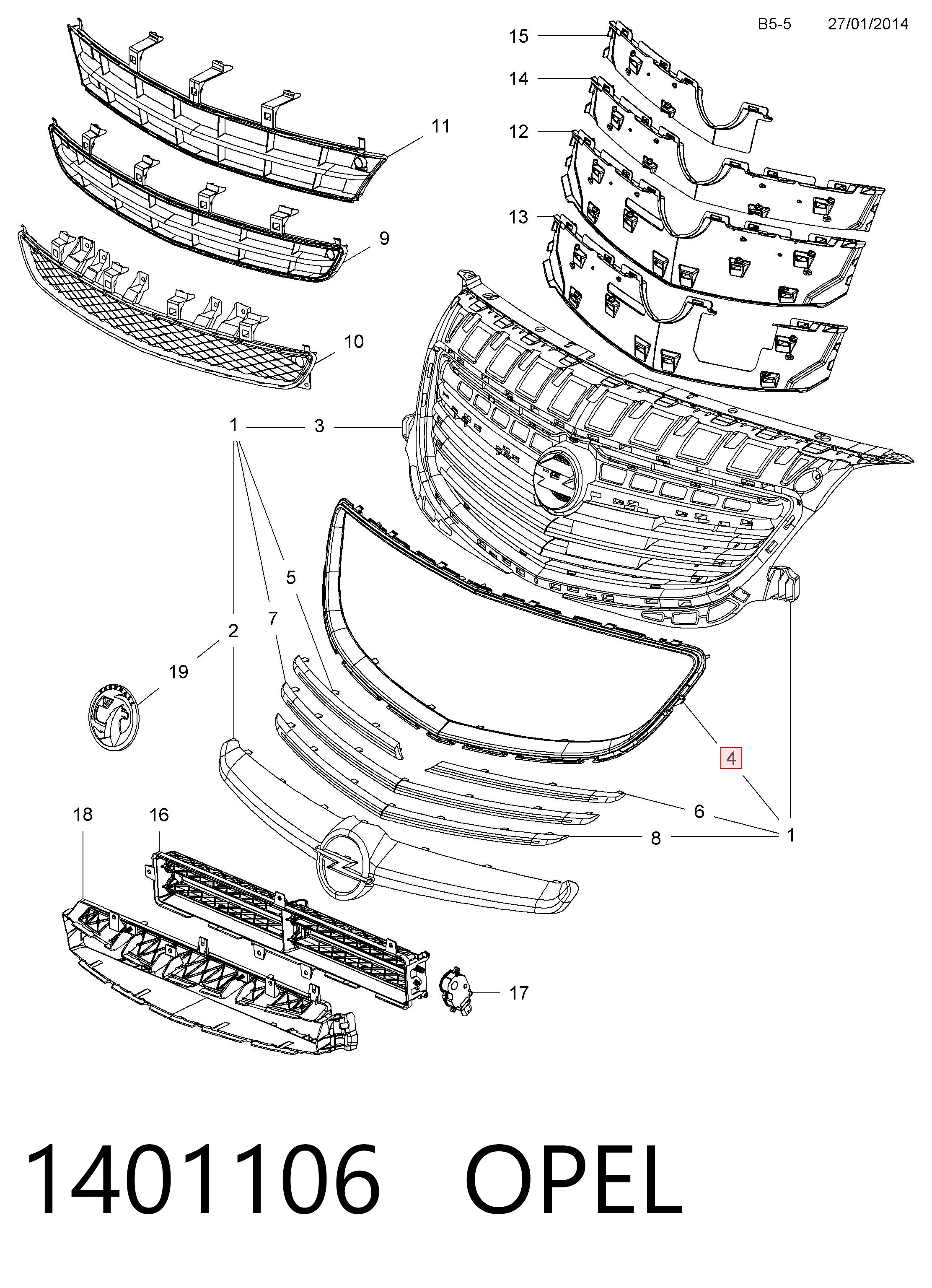 1401106 Opel Moldura de la rejilla del radiador