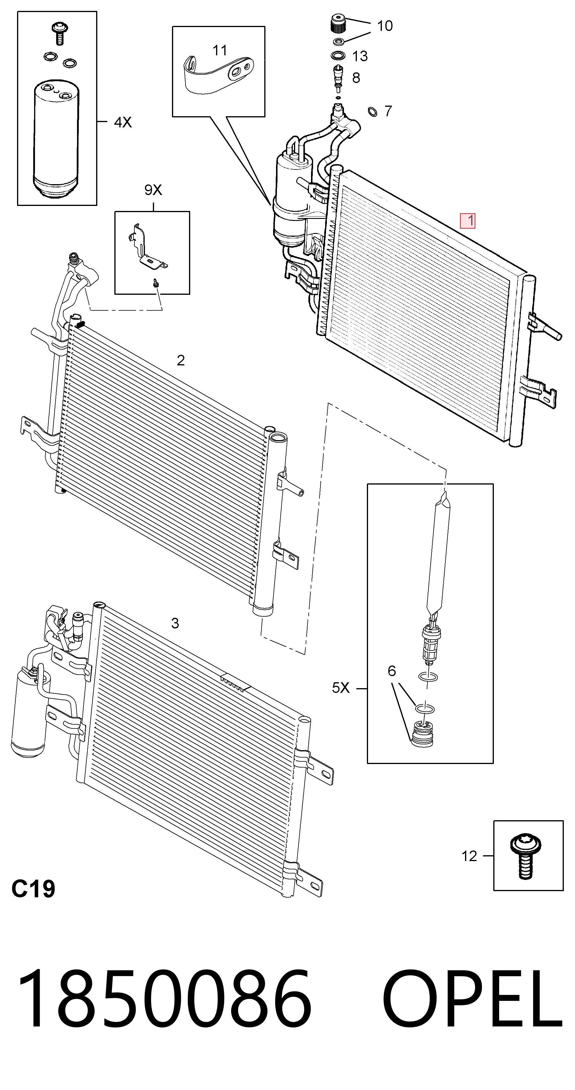 Condensador de aire acondicionado 1850086 OPEL