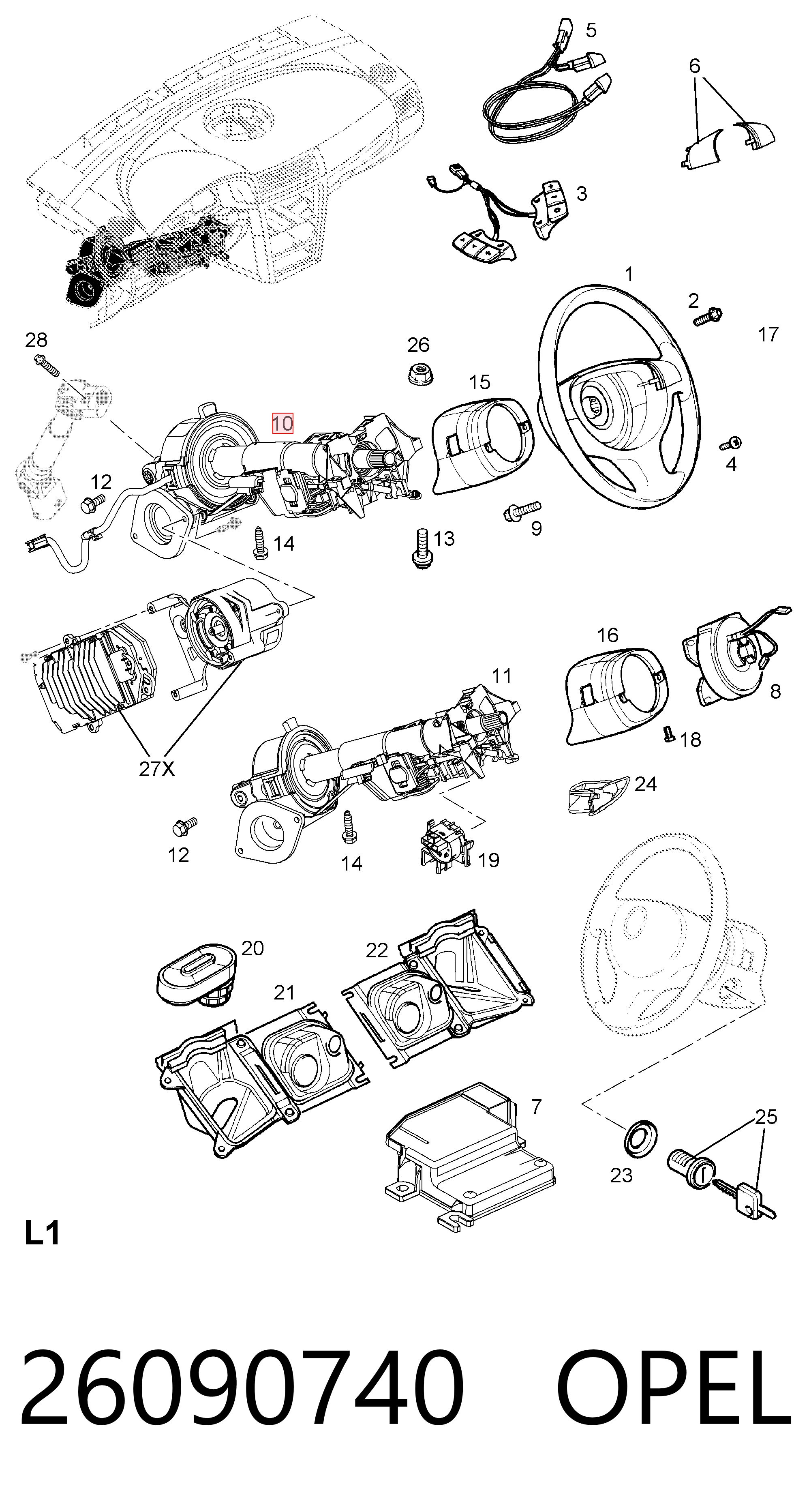 26090740 Opel Columna de volante