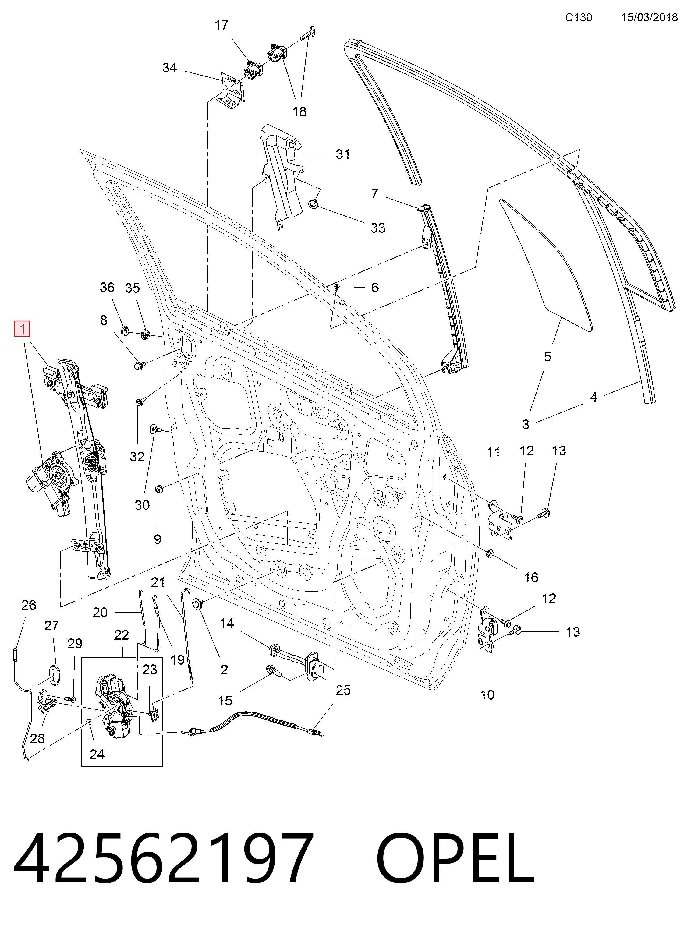 Mecanismo levanta, puerta delantera derecha para Opel Mokka I J13