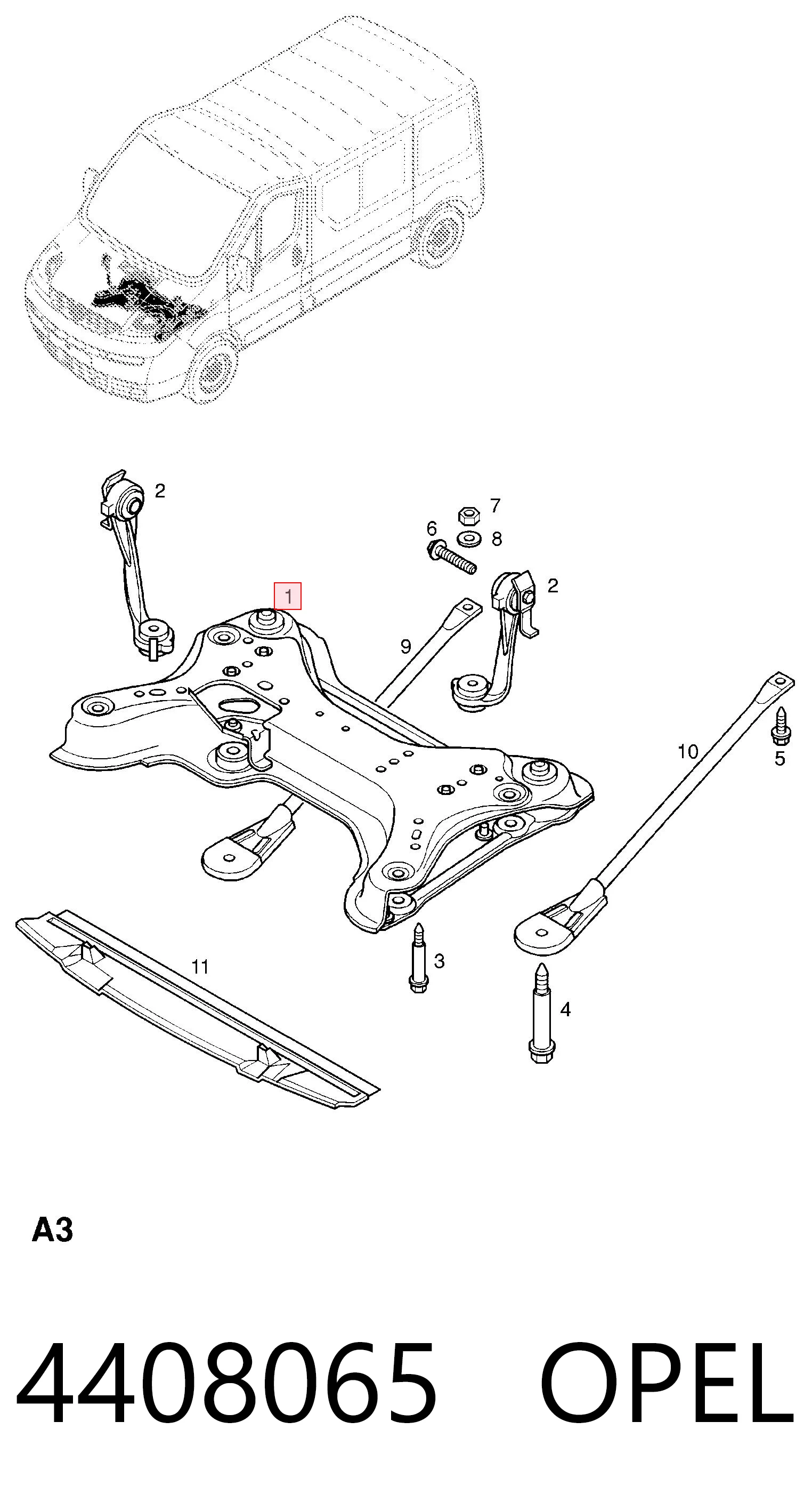 Subchasis delantero soporte motor 4408065 OPEL