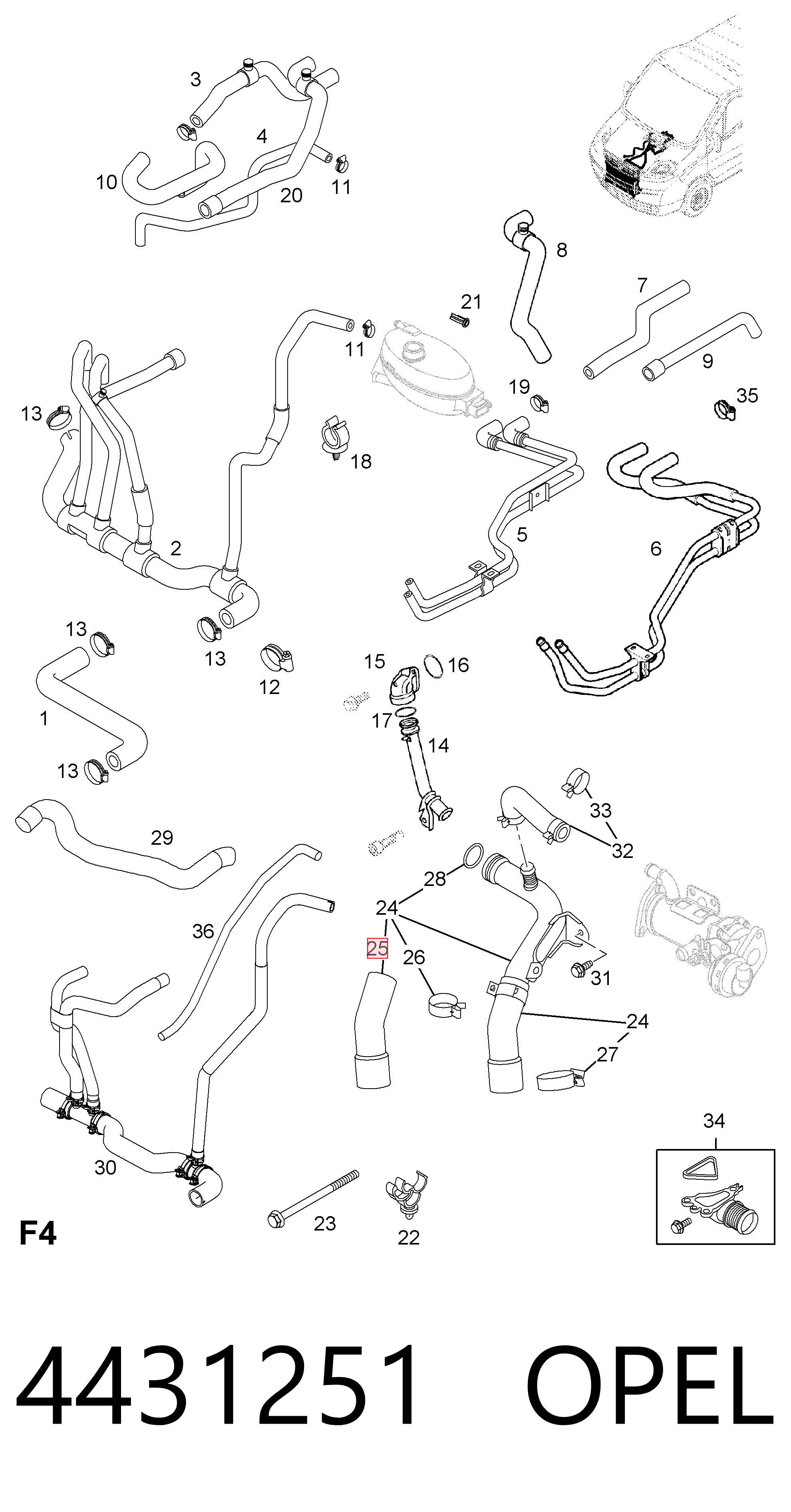 Manguera (tubo) del sistema de refrigeración 4431251 OPEL
