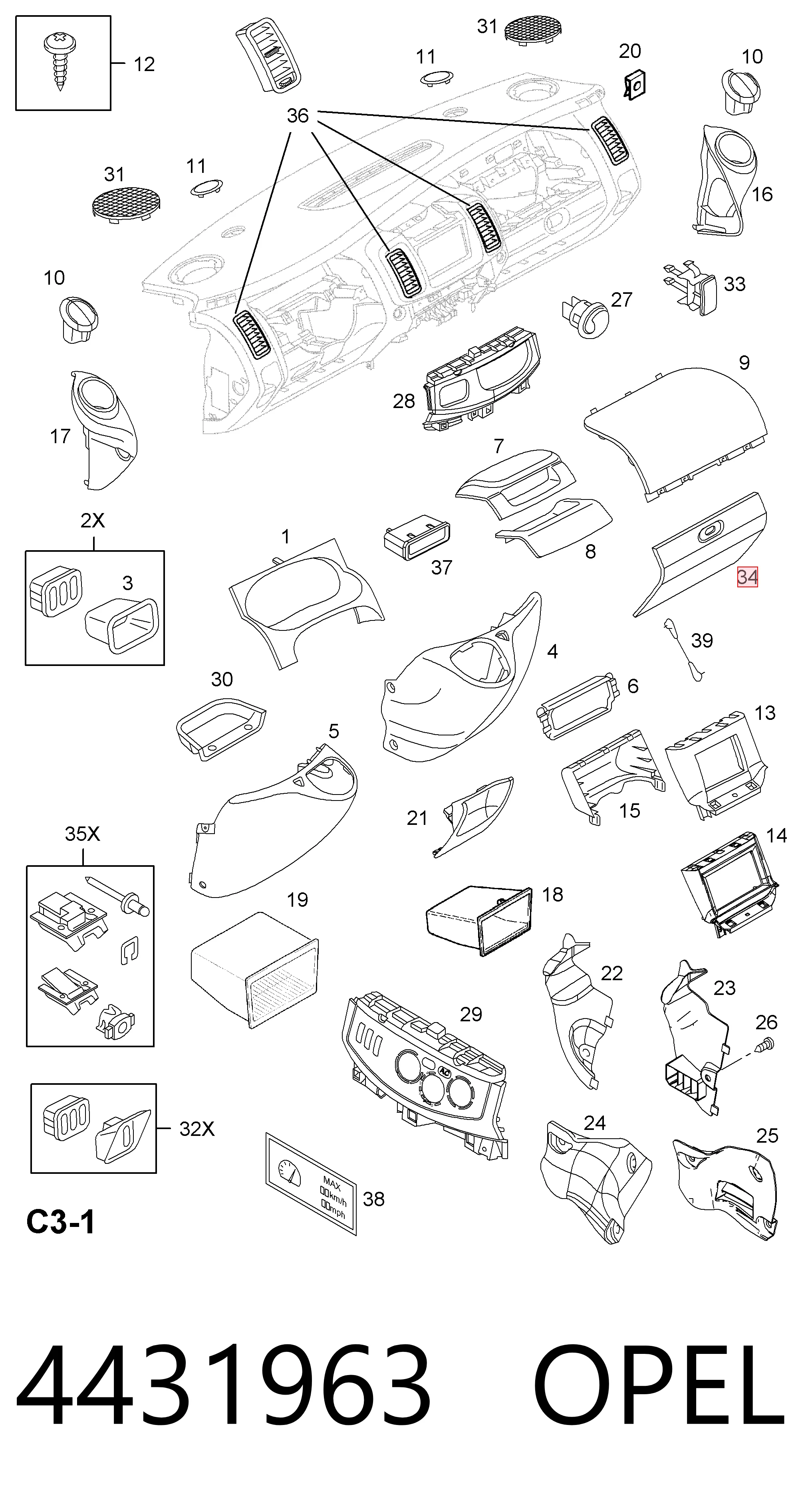 Tapa guantera para Opel Vivaro A F7