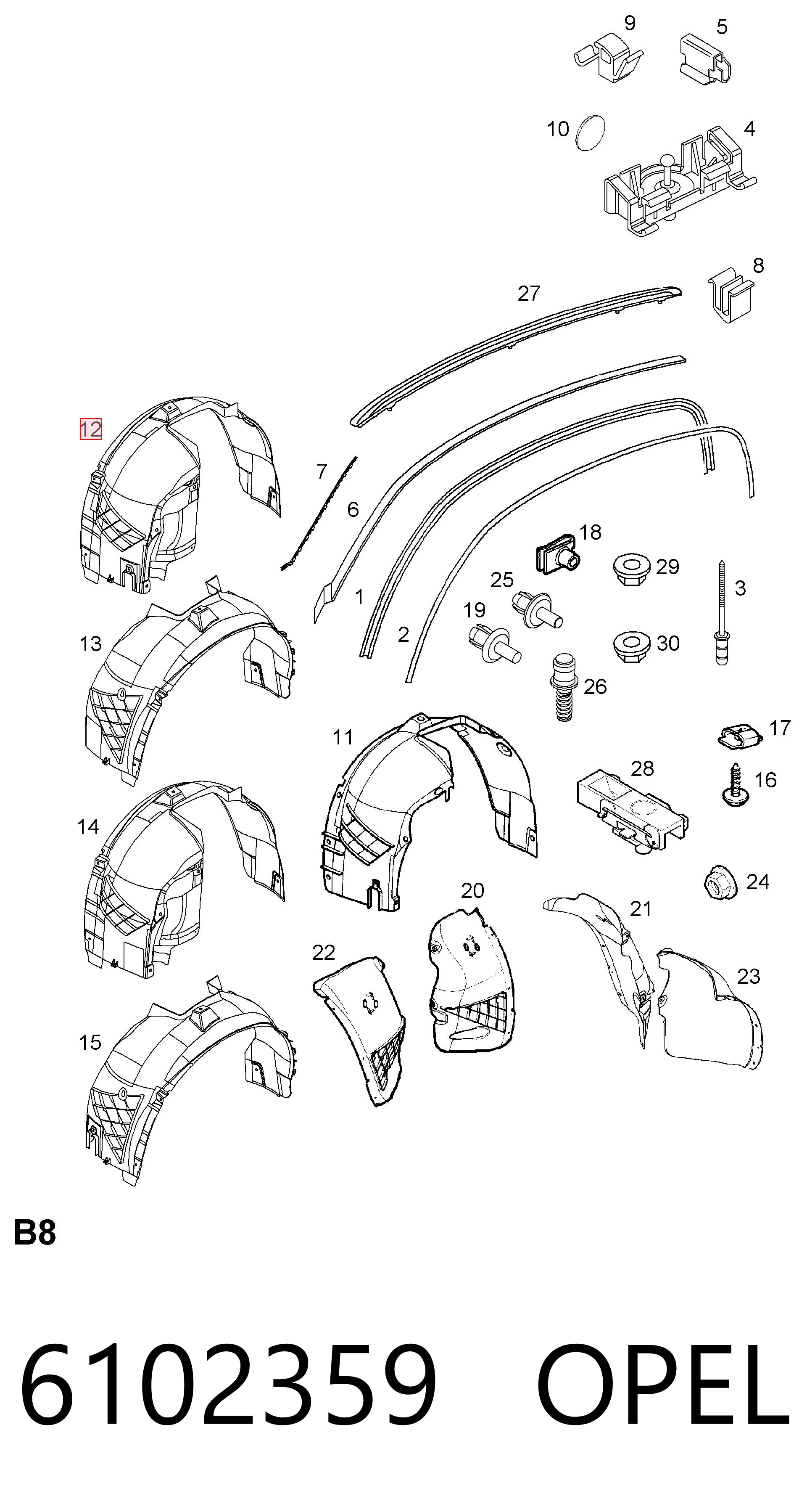 Paso de rueda delantero derecho 6102359 OPEL
