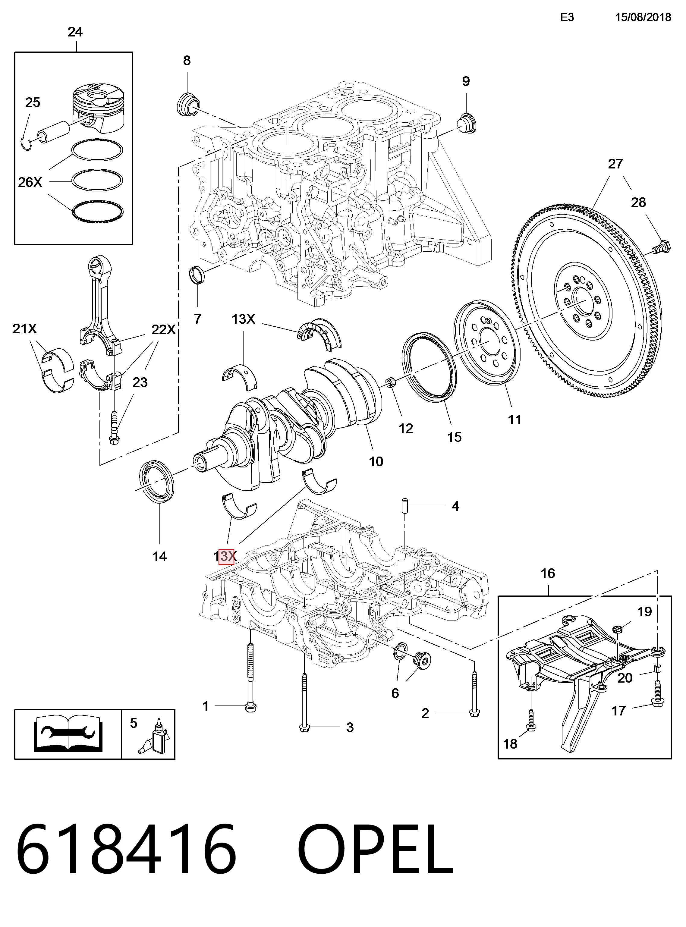 618416 Opel Juego de cojinetes de cigüeñal, estándar, STD