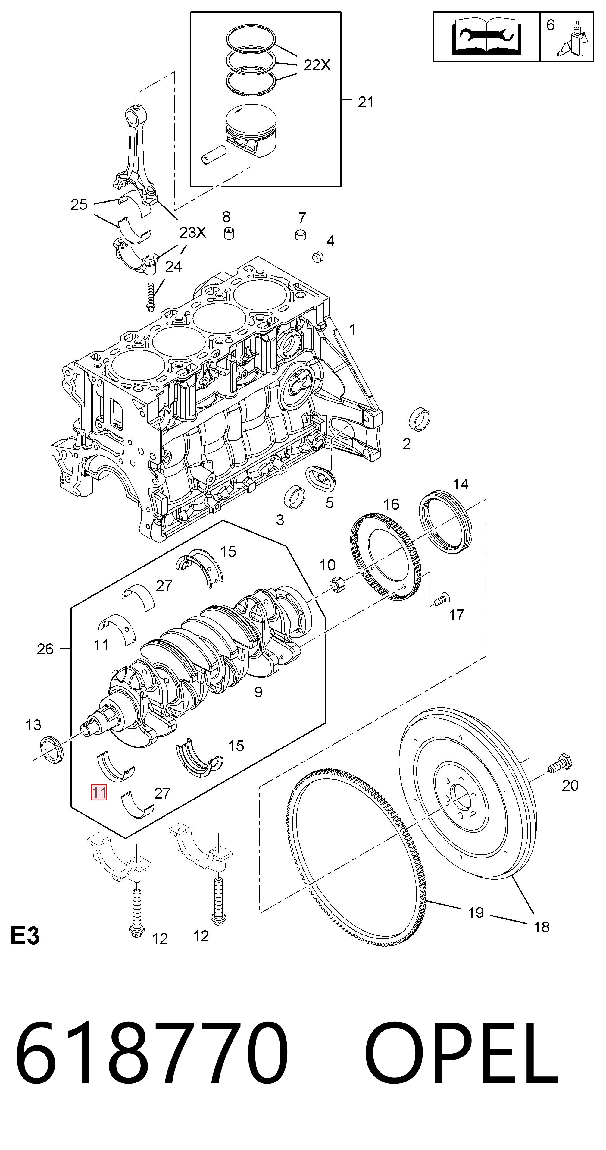 618770 Opel Juego de cojinetes de cigüeñal, cota de reparación (+0,25 mm)