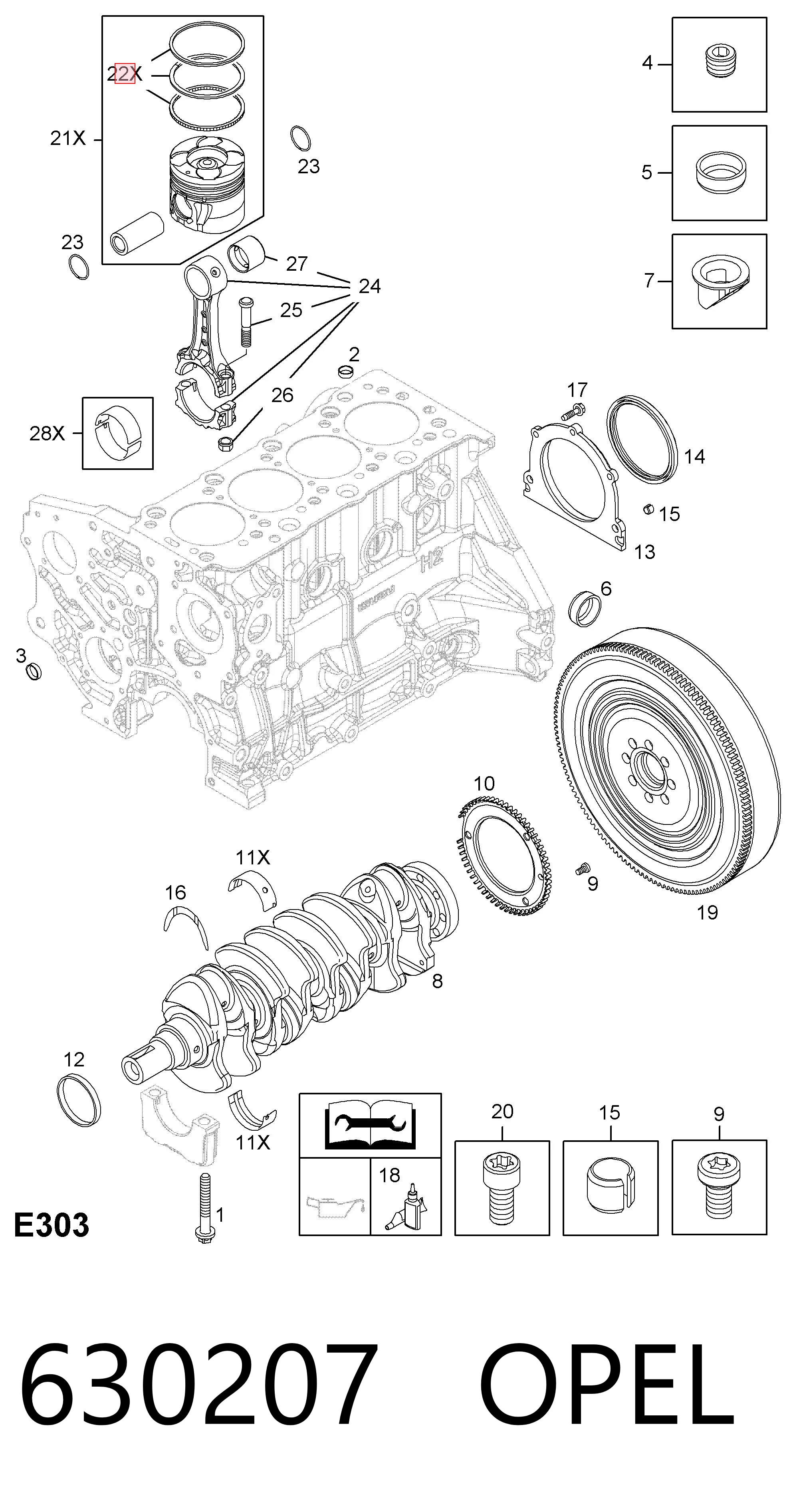 Aros de pistón para 1 cilindro, STD 630207 OPEL