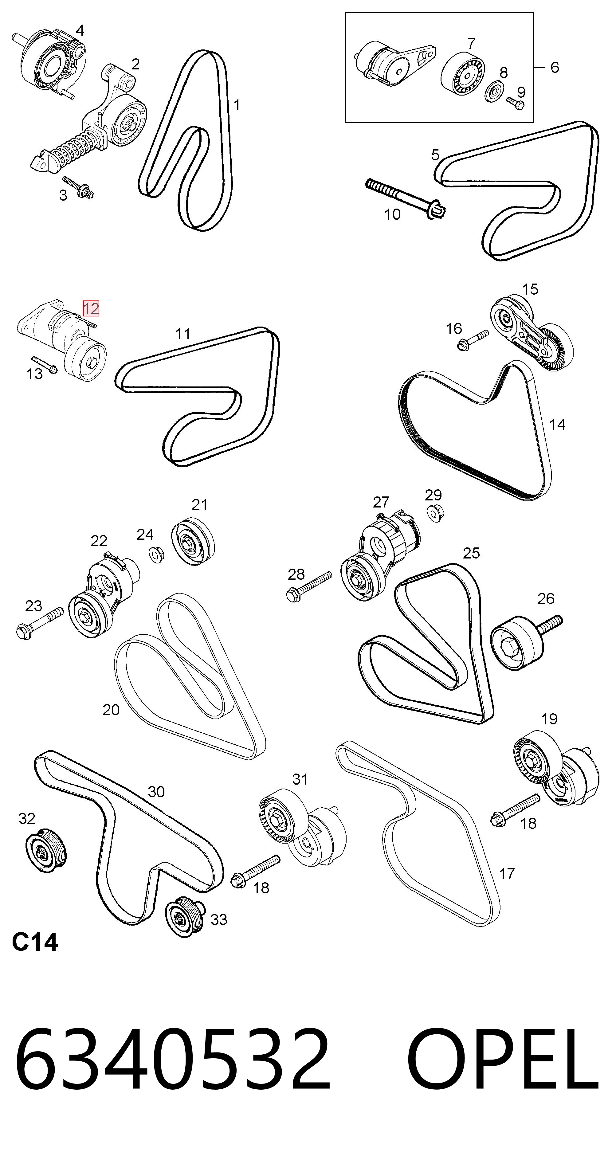Tensor de correa de accesorios 6340532 OPEL